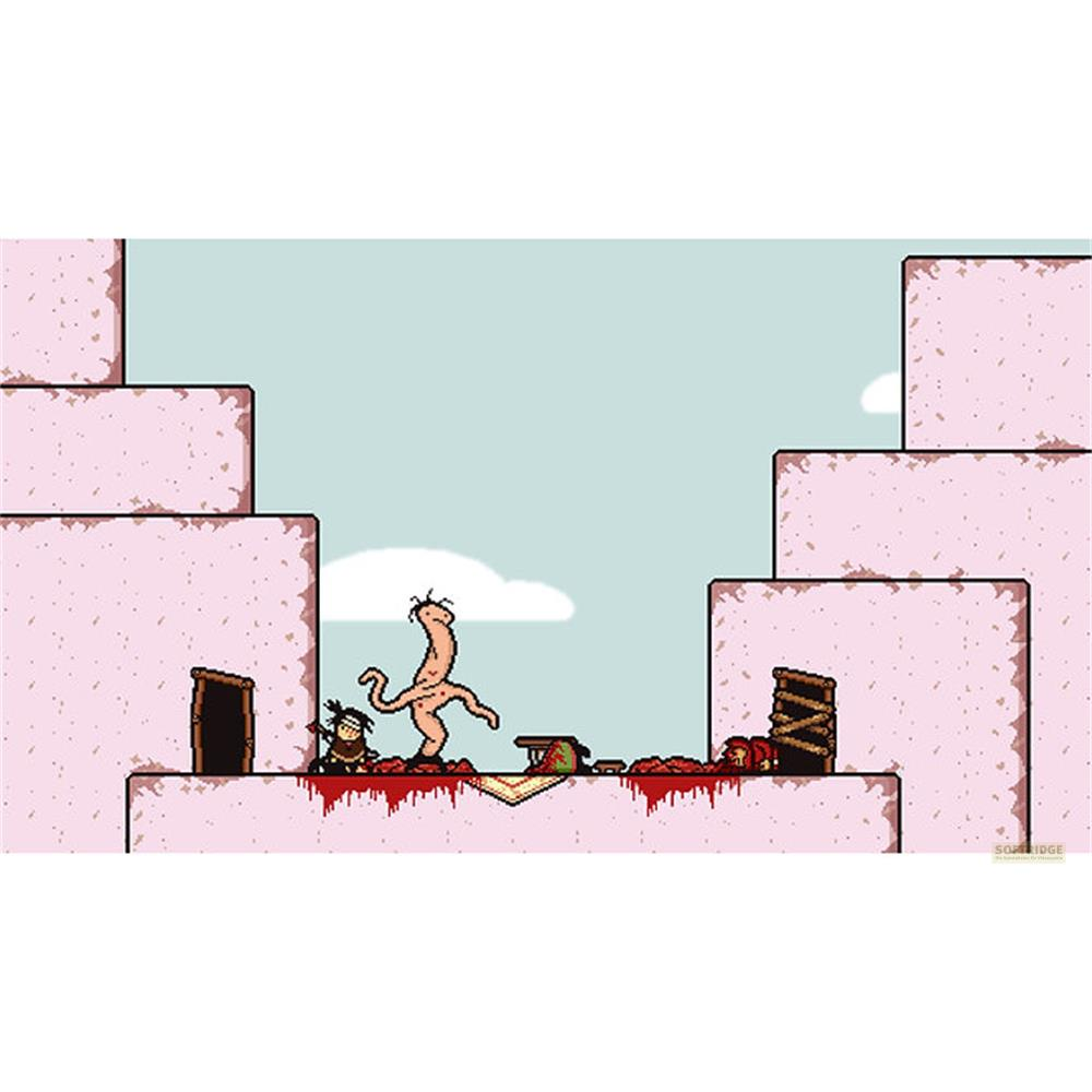 Un mostro dei cartoni animati accanto a un personaggio su una piattaforma insanguinata.