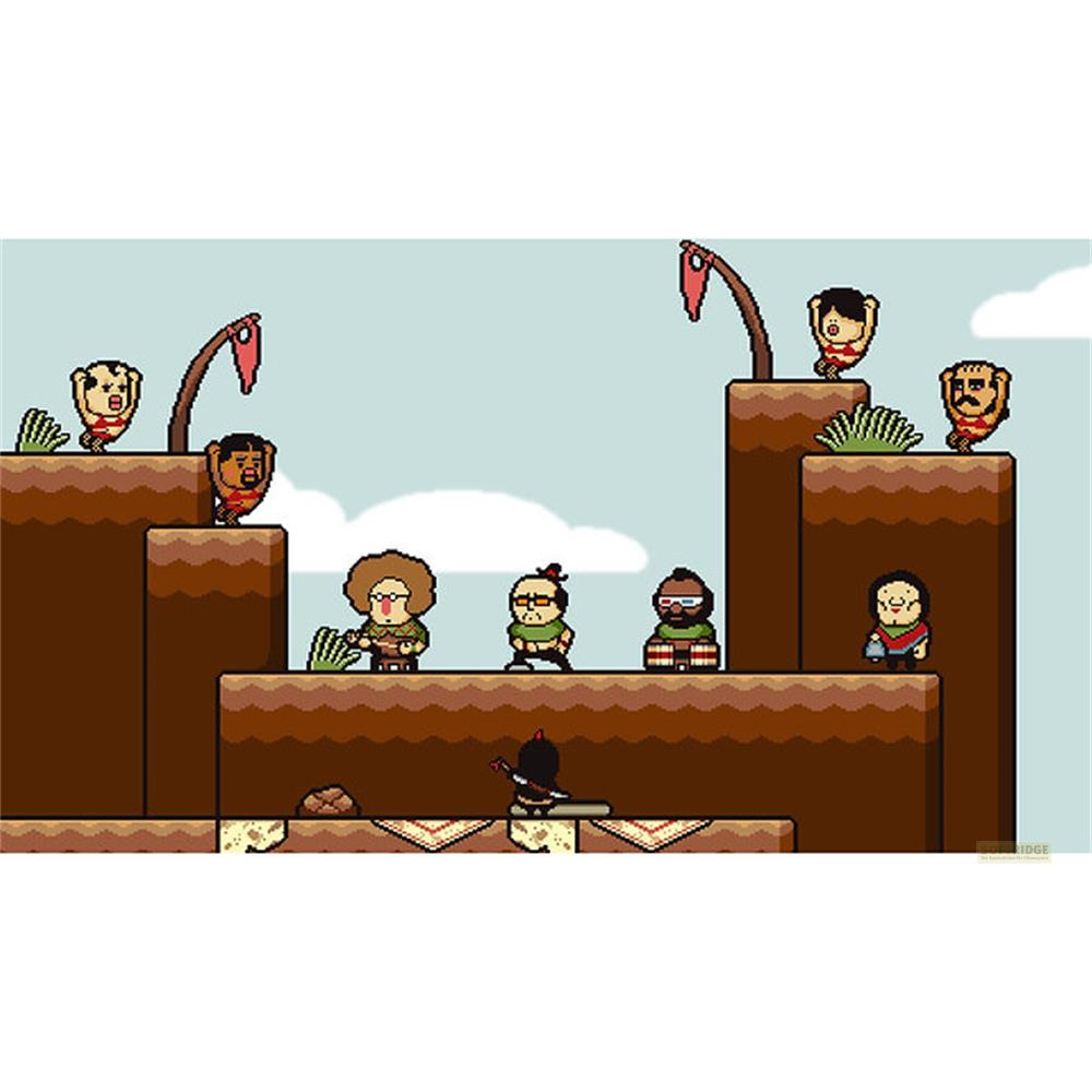Personaggi pixel in un paesaggio 2D con piattaforme marroni e cielo blu.