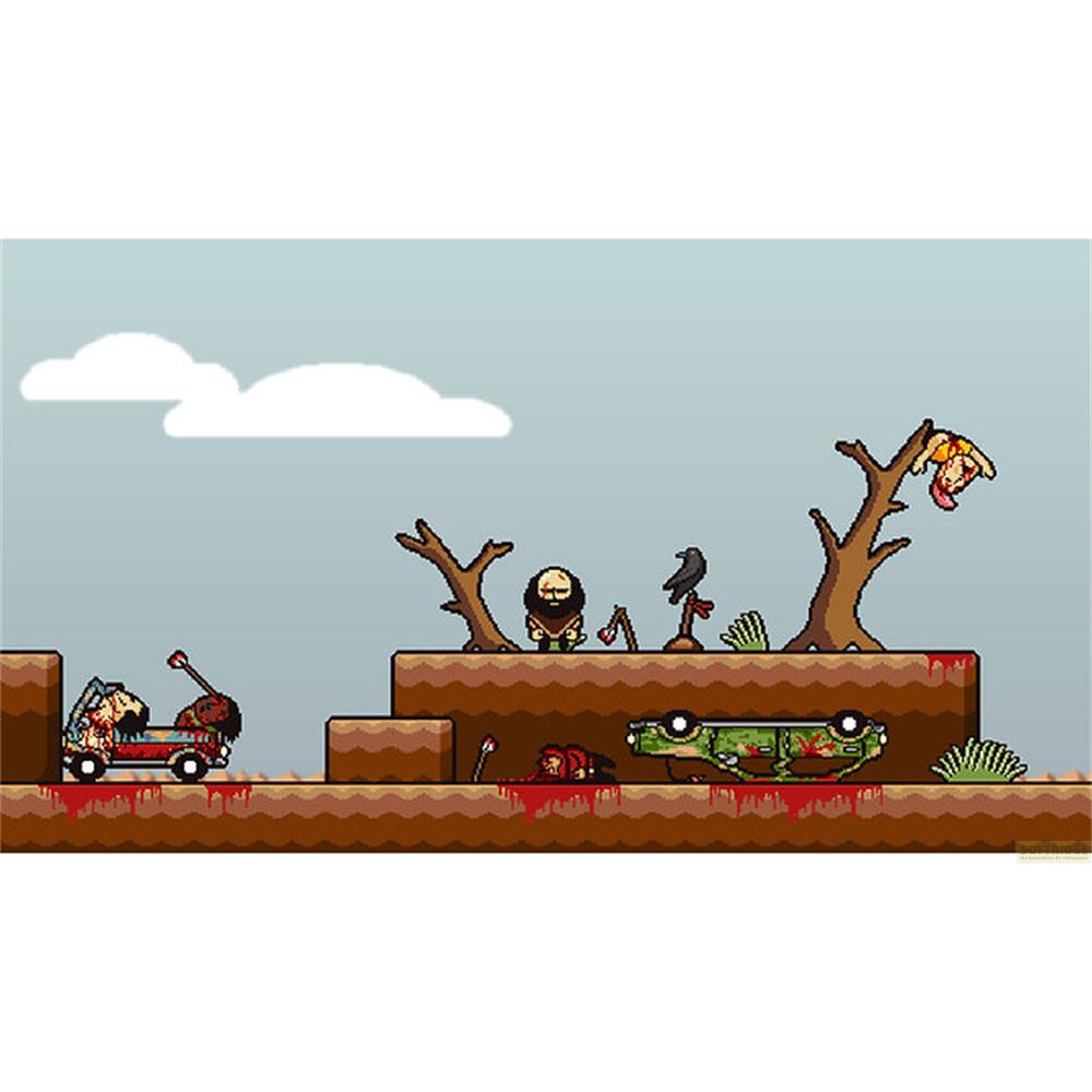 Scena pixel art con violenza sanguinosa, auto rovesciata e figure decapitate.
