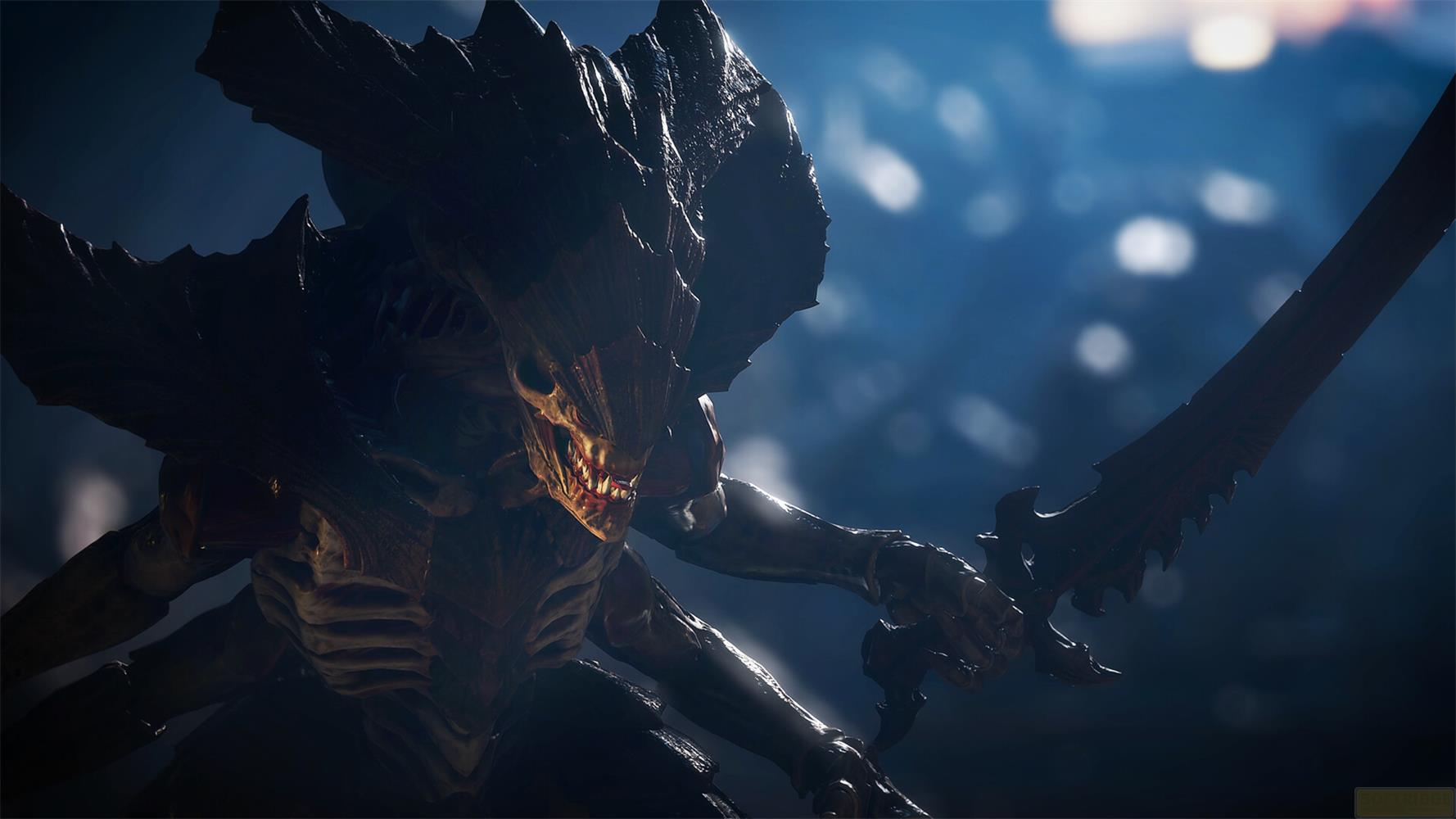 Un mostro oscuro e grottesco con occhi luminosi tiene una spada seghettata.