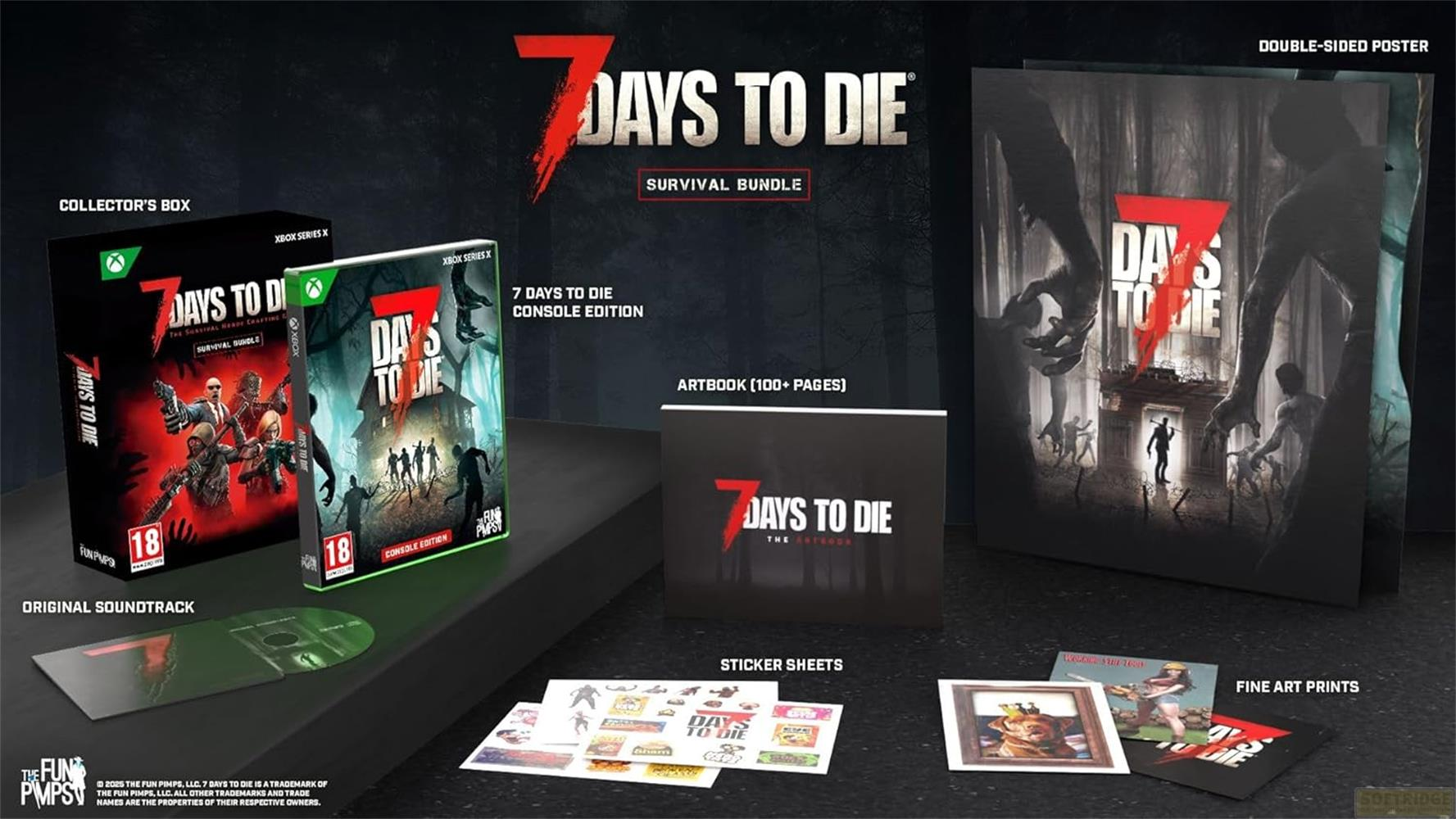 7 Days to Die Survival Bundle: Pudełko, gry, artbook, plakat, naklejki, grafiki.