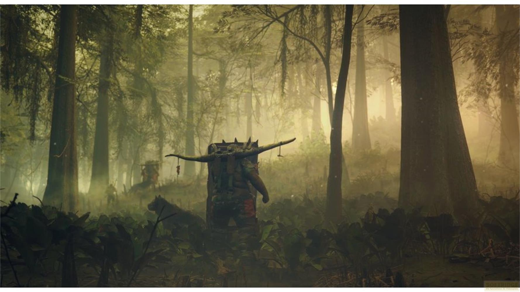 Une forêt mystique avec du brouillard, une créature et un loup.