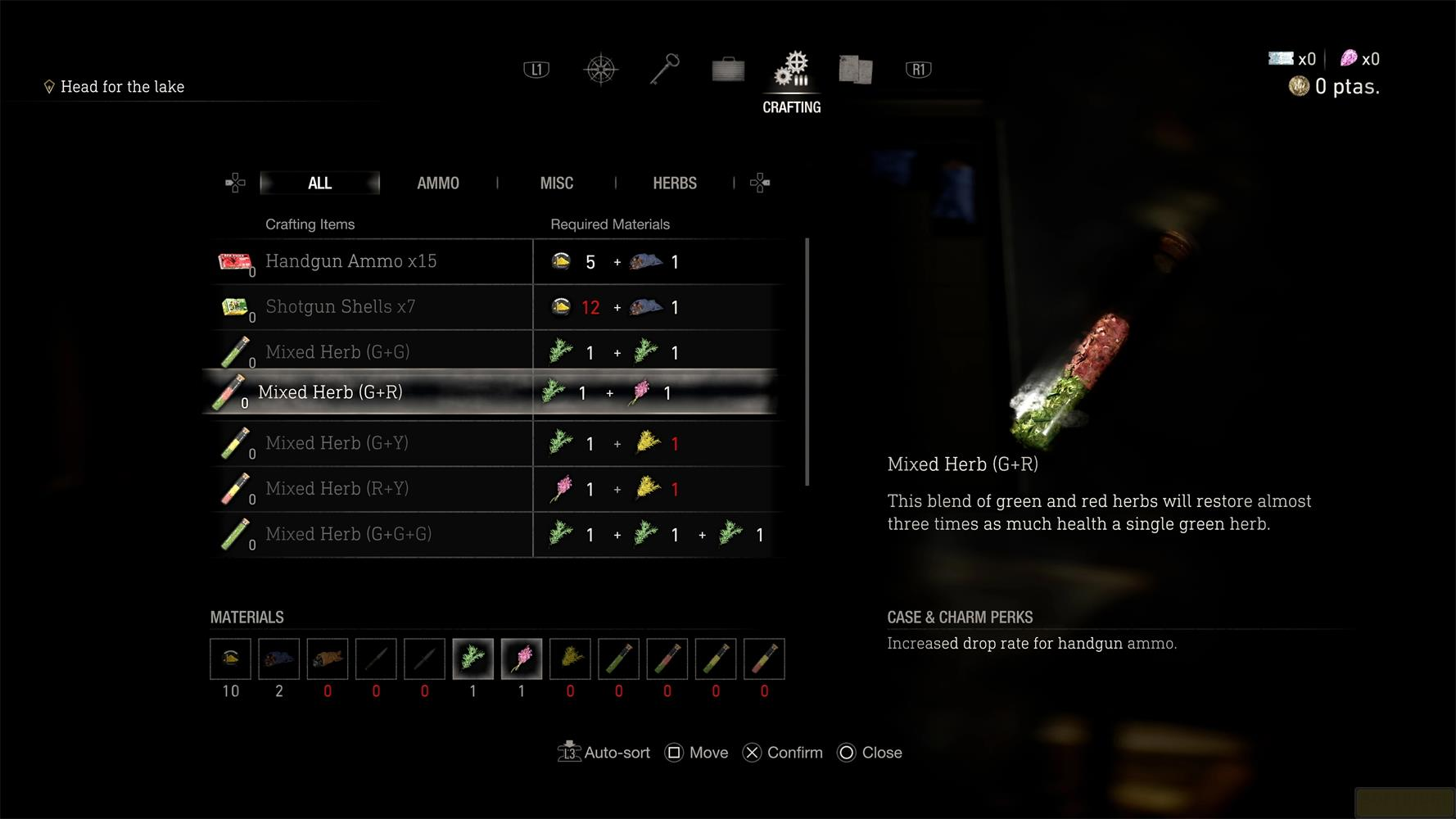 Le menu d'artisanat montre les recettes de munitions pour pistolet, douilles de fusil et herbes mélangées.