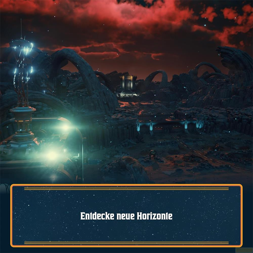 Paesaggio futuristico con nuvole rosse e una città aliena.