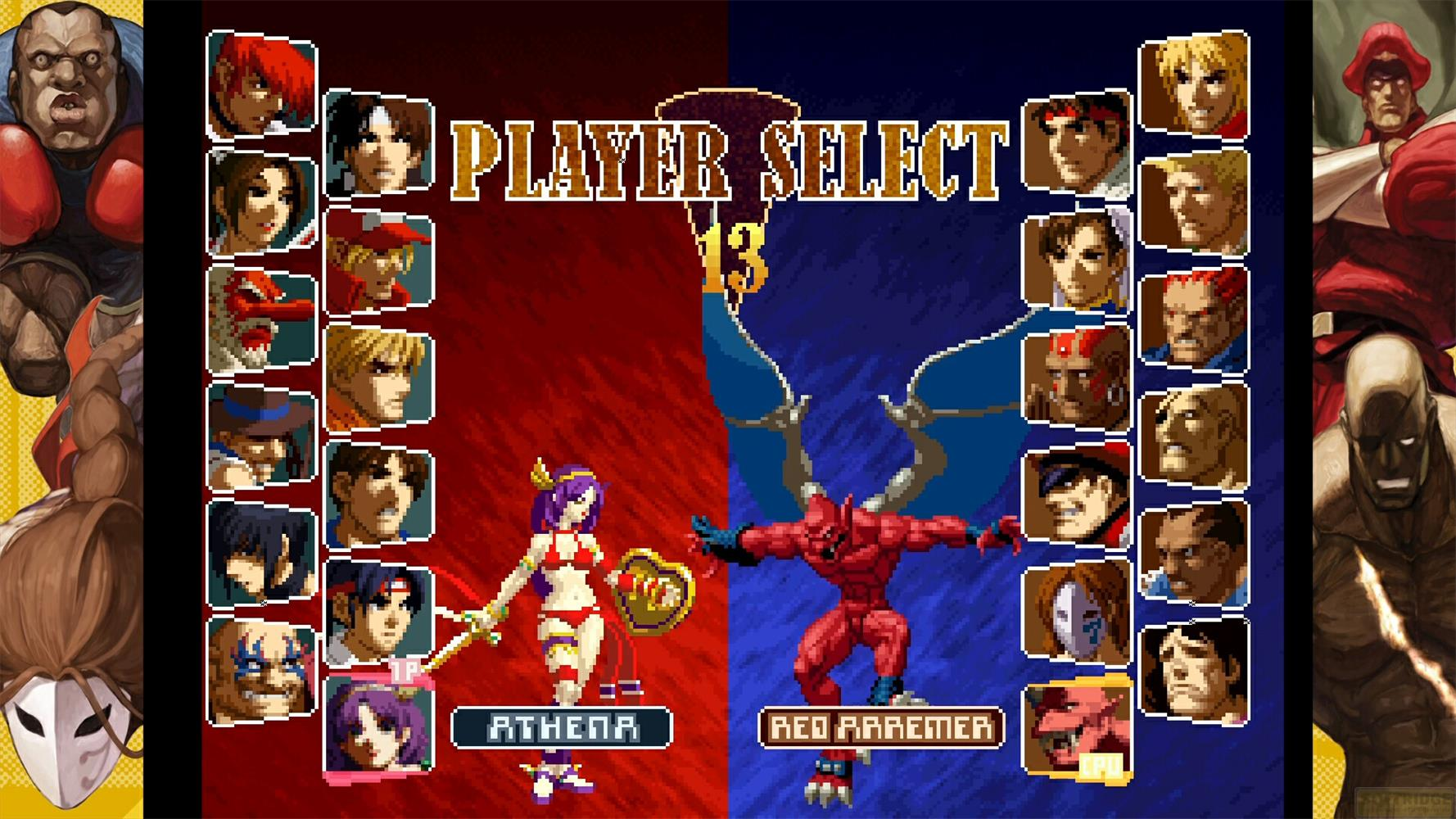 Spieler-Auswahlbildschirm mit Charakterporträts und roten und blauen Hintergründen.