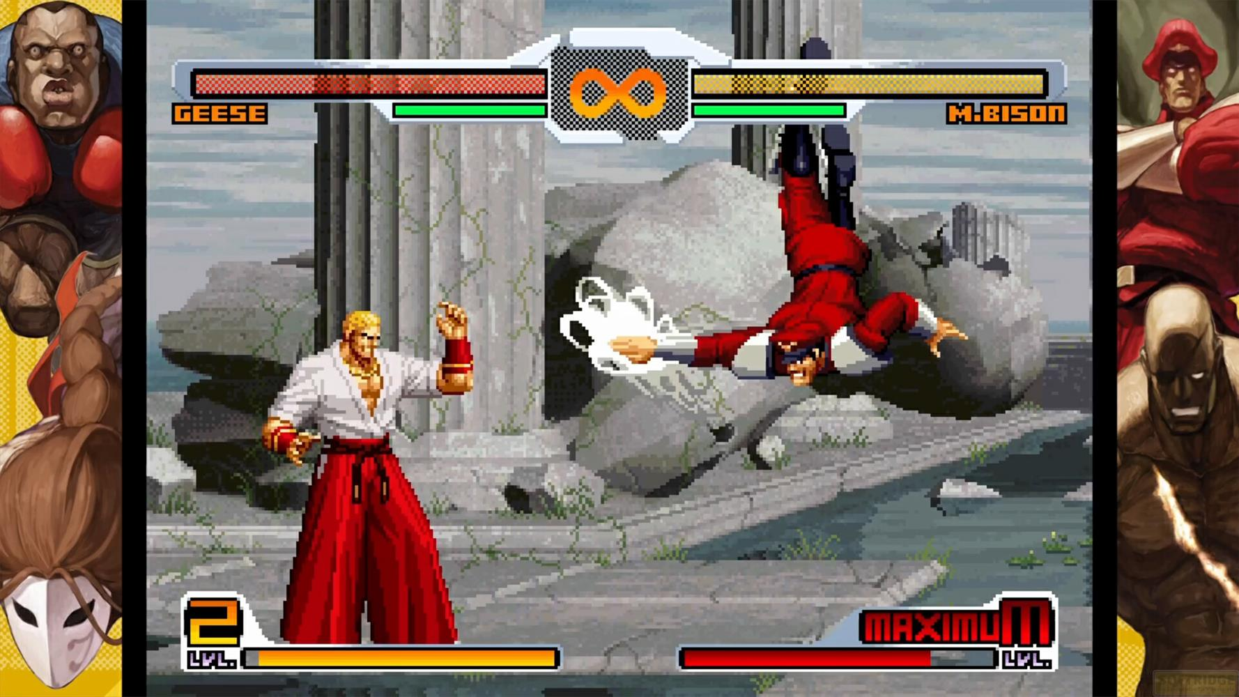 Zwei Kämpfer in einem pixeligen Kampfszenario, einer springt, der andere steht.