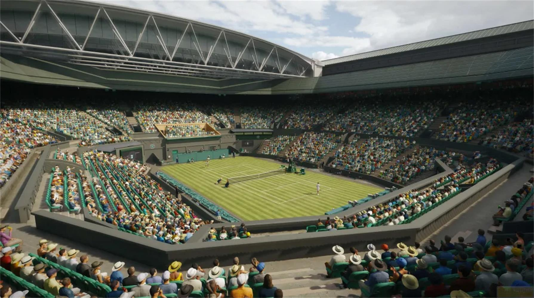 Un stade de tennis avec des spectateurs et un court pendant un match.