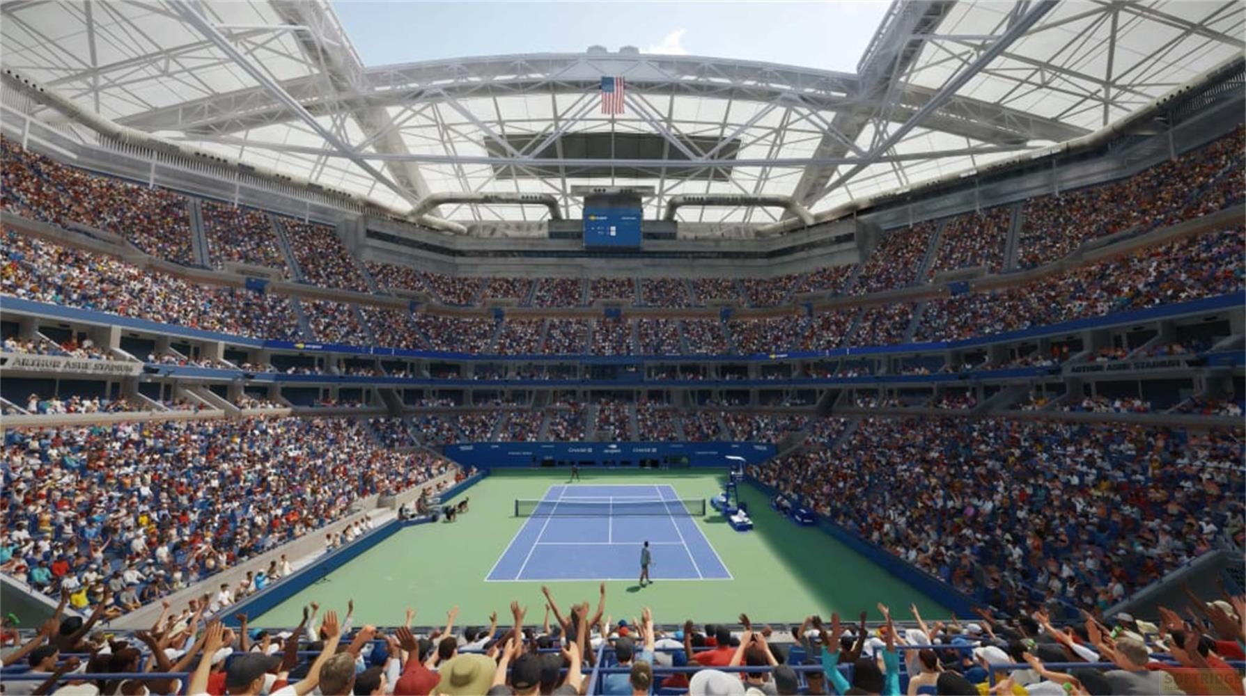 Un stade de tennis complet avec toit rétractable, rempli de spectateurs regardant un match.