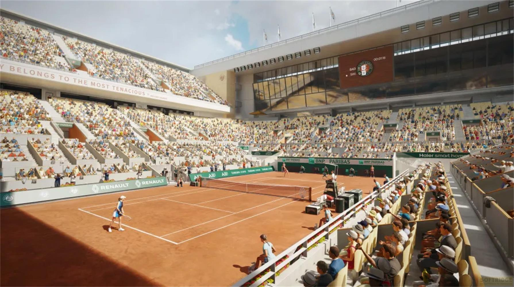 Un court de tennis avec spectateurs, joueurs, tableau de score et publicité de sponsors.