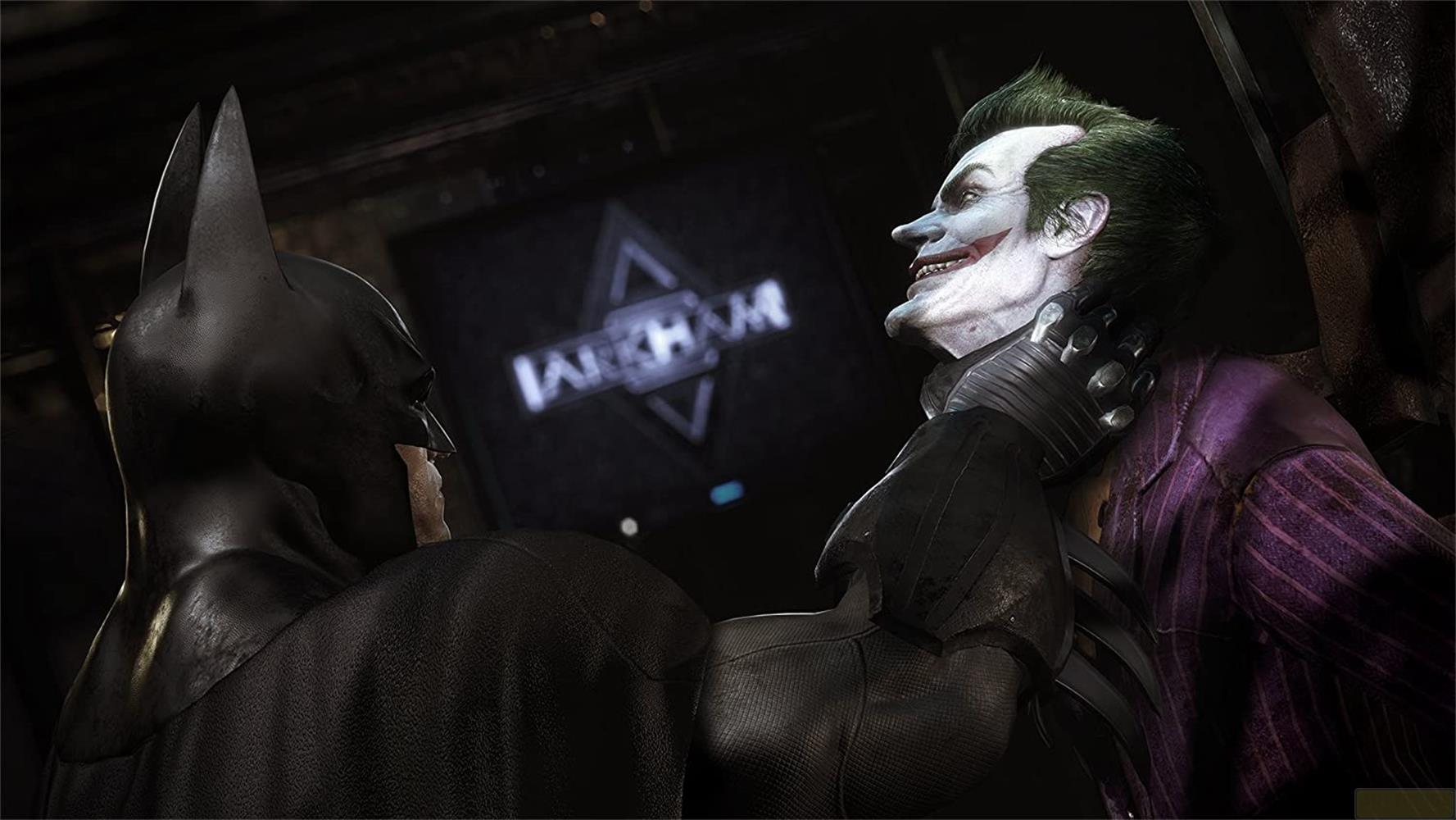 Batman trattiene il Joker mentre un logo di Arkham brilla sullo sfondo.