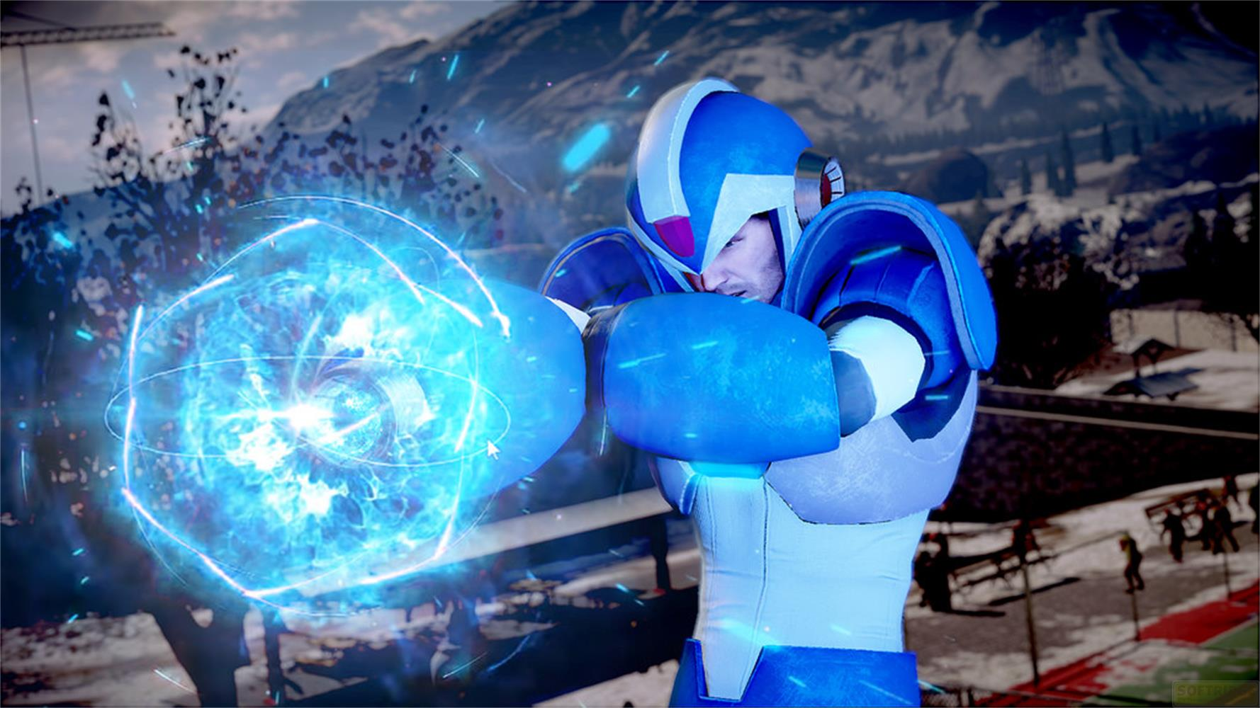 Ein blauer Roboter mit Helm feuert eine blaue Energiekugel ab, im Hintergrund Berge und Schnee.