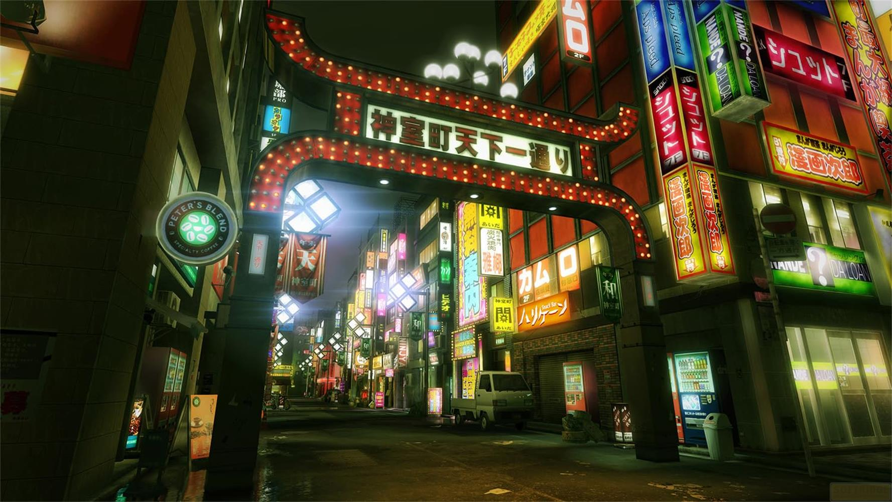 Una vivace scena di strada giapponese di notte con molti cartelli al neon.