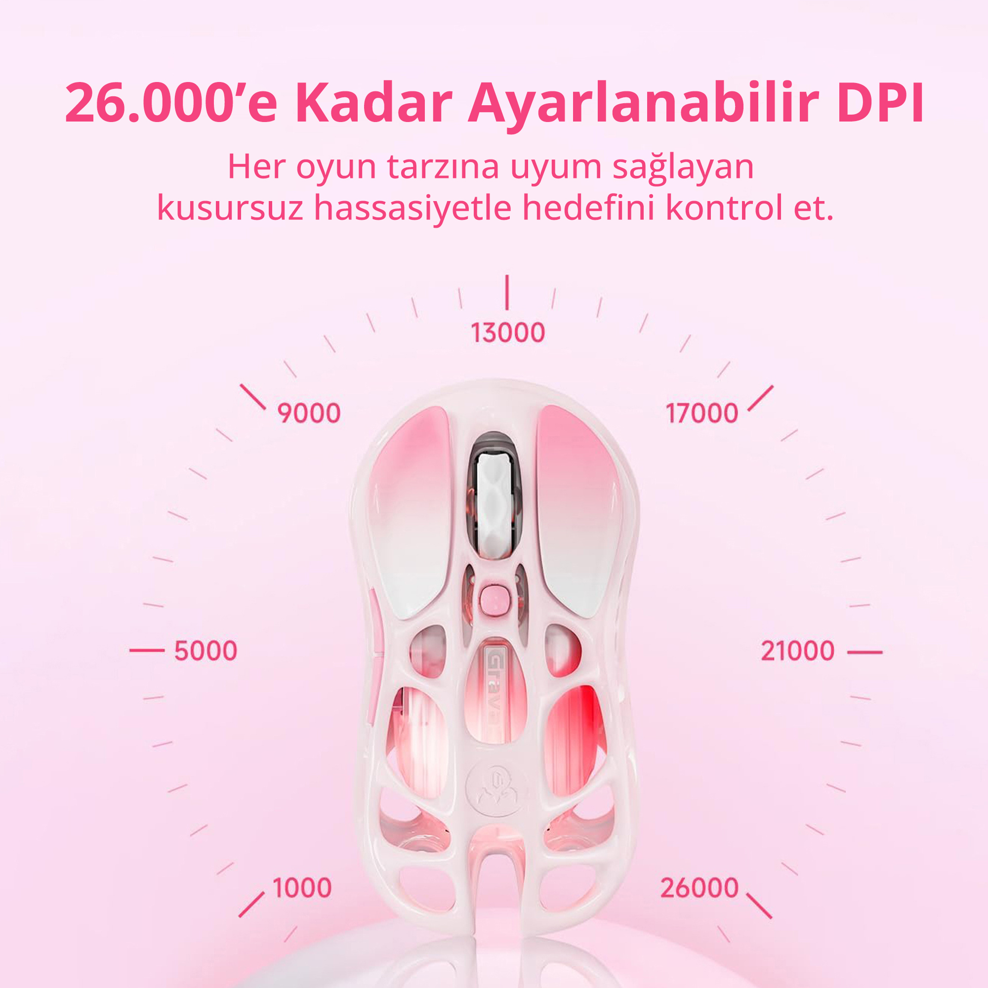 Un mouse da gaming rosa con DPI regolabile, mostrato su sfondo rosa chiaro con scale.