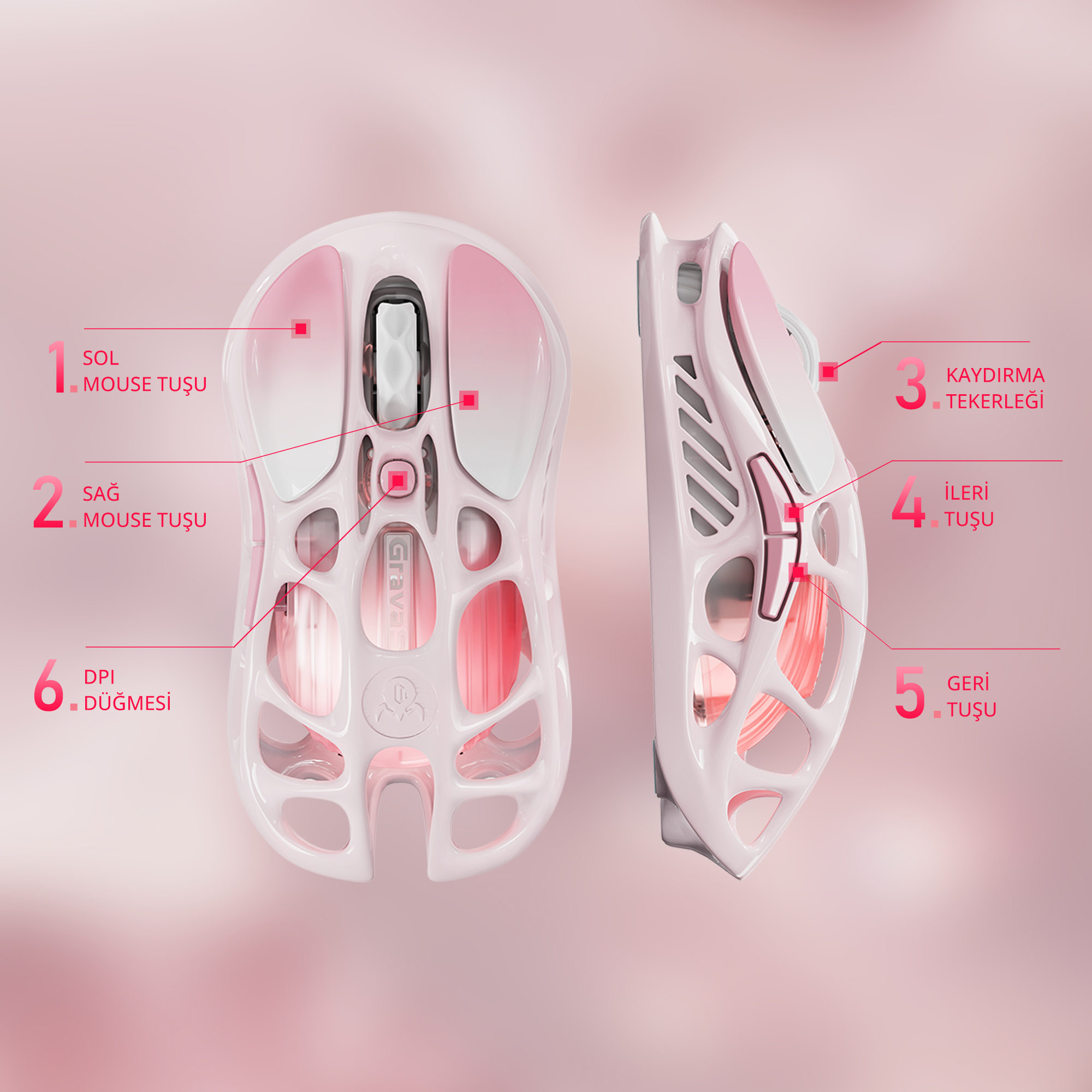 Un mouse da gaming bianco con accenti rosa, mostrato frontalmente e di lato.