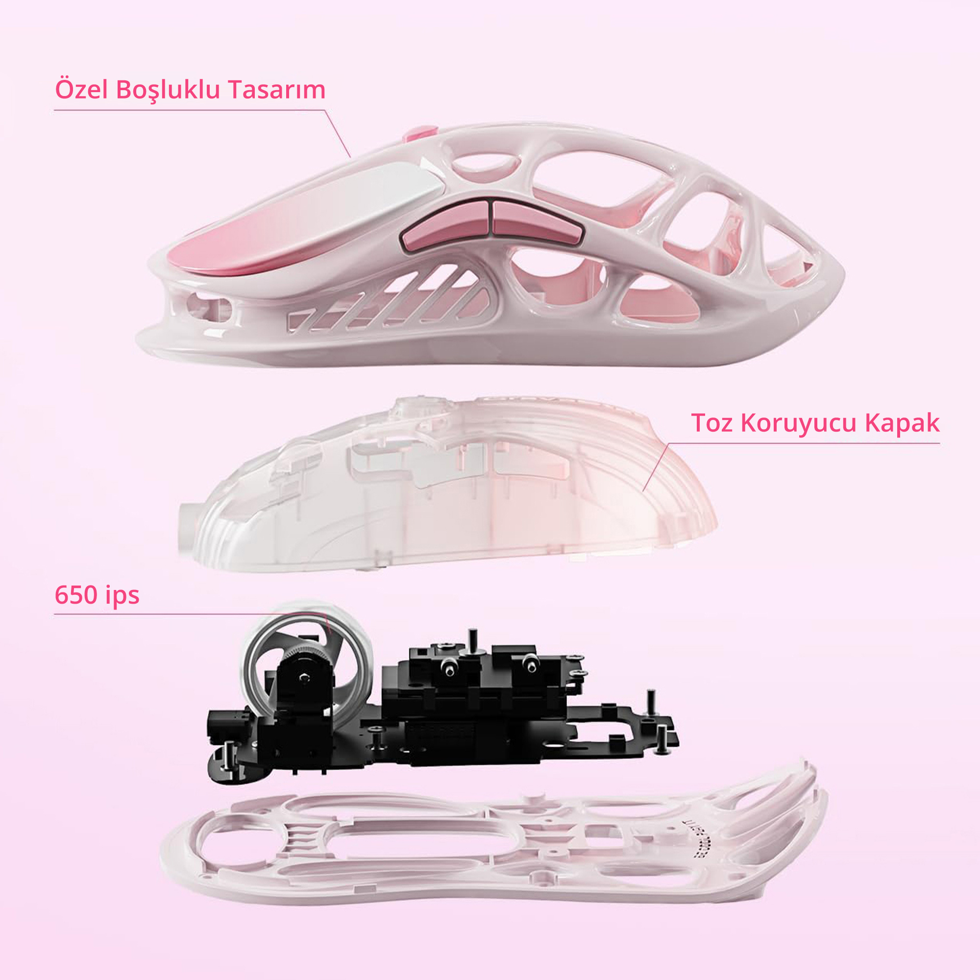Vista esplosa di un mouse gaming bianco e rosa con la scocca aperta.