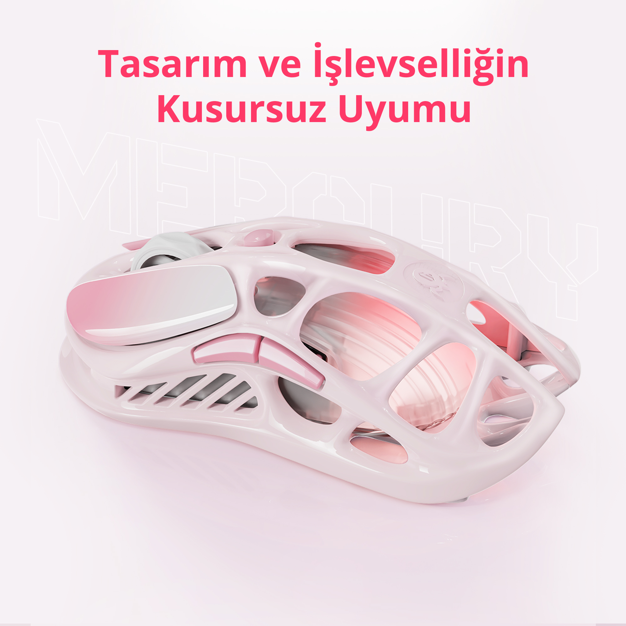 Un mouse rosa e bianco con design scheletrico su sfondo rosa chiaro.