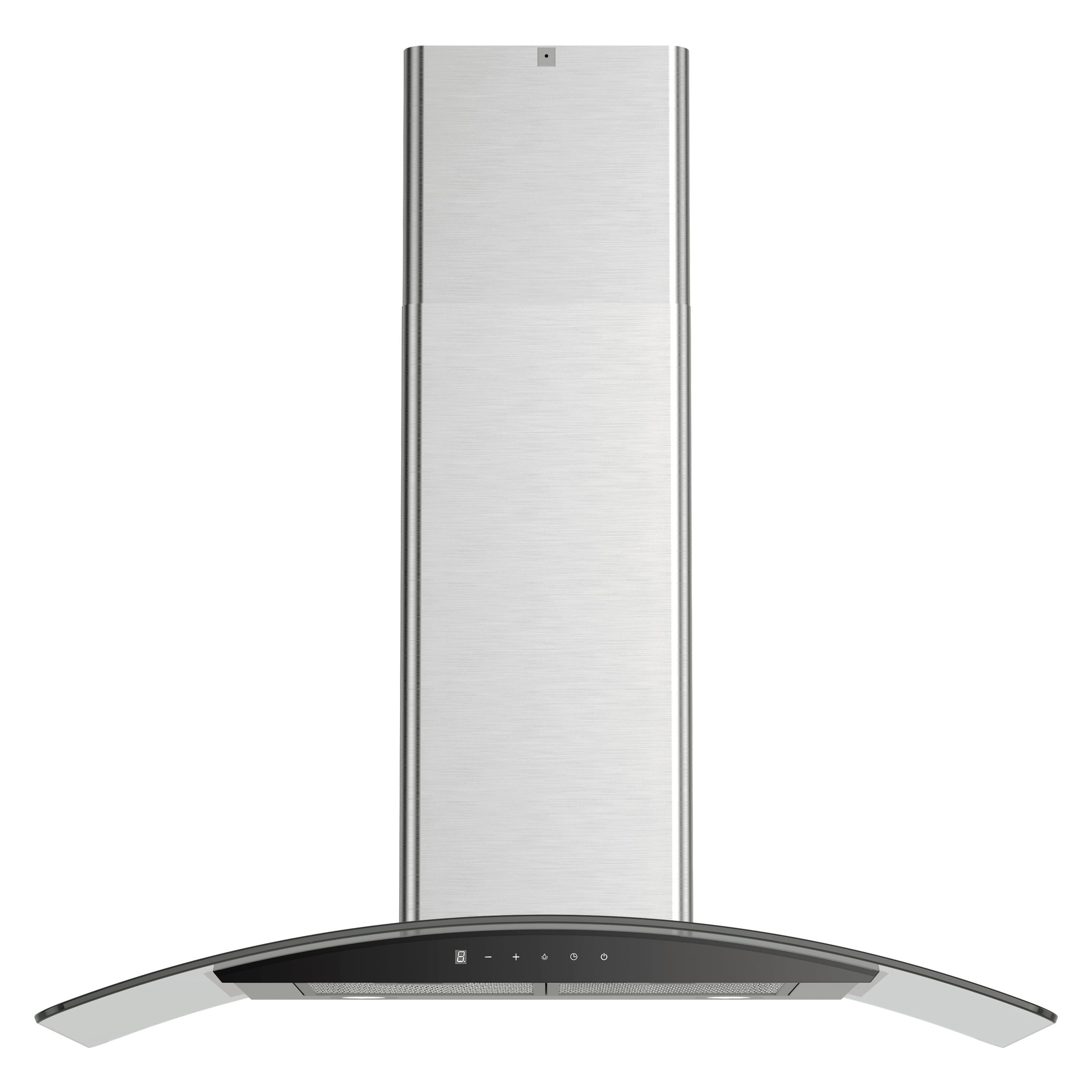 Edelstahl-Dunstabzugshaube mit Touchscreen und gebogener Glasblende.