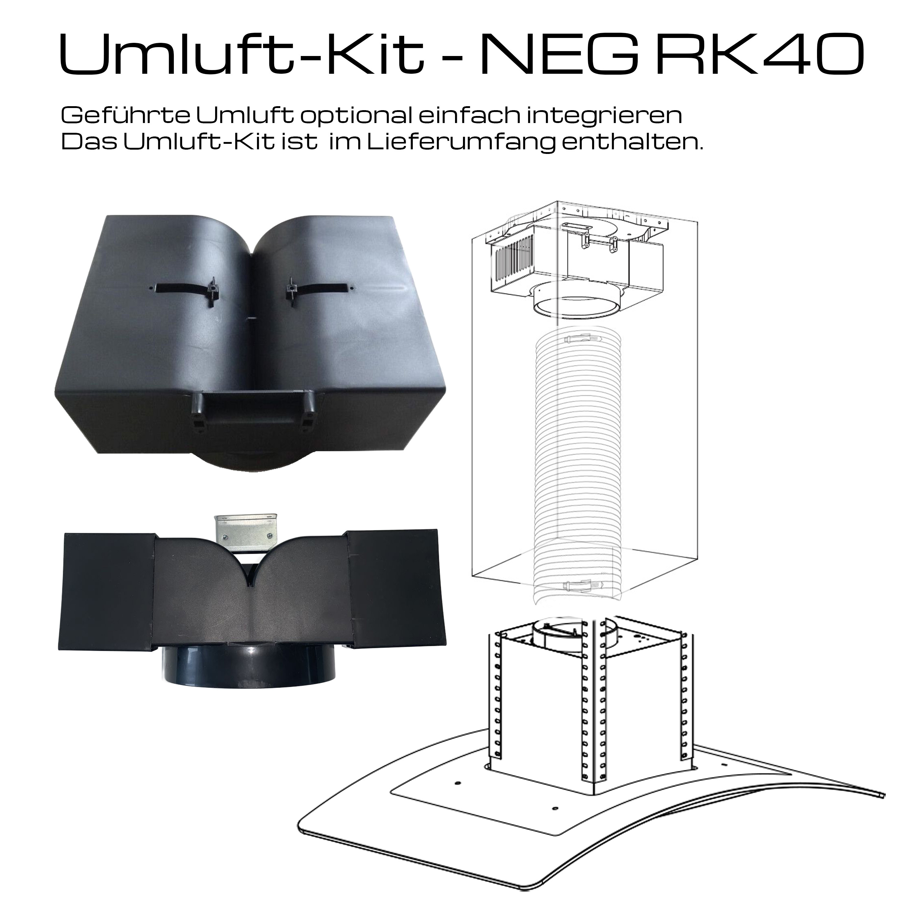 Ein schwarzes Umluft-Kit mit Anschlussrohr und Befestigungsmaterial.