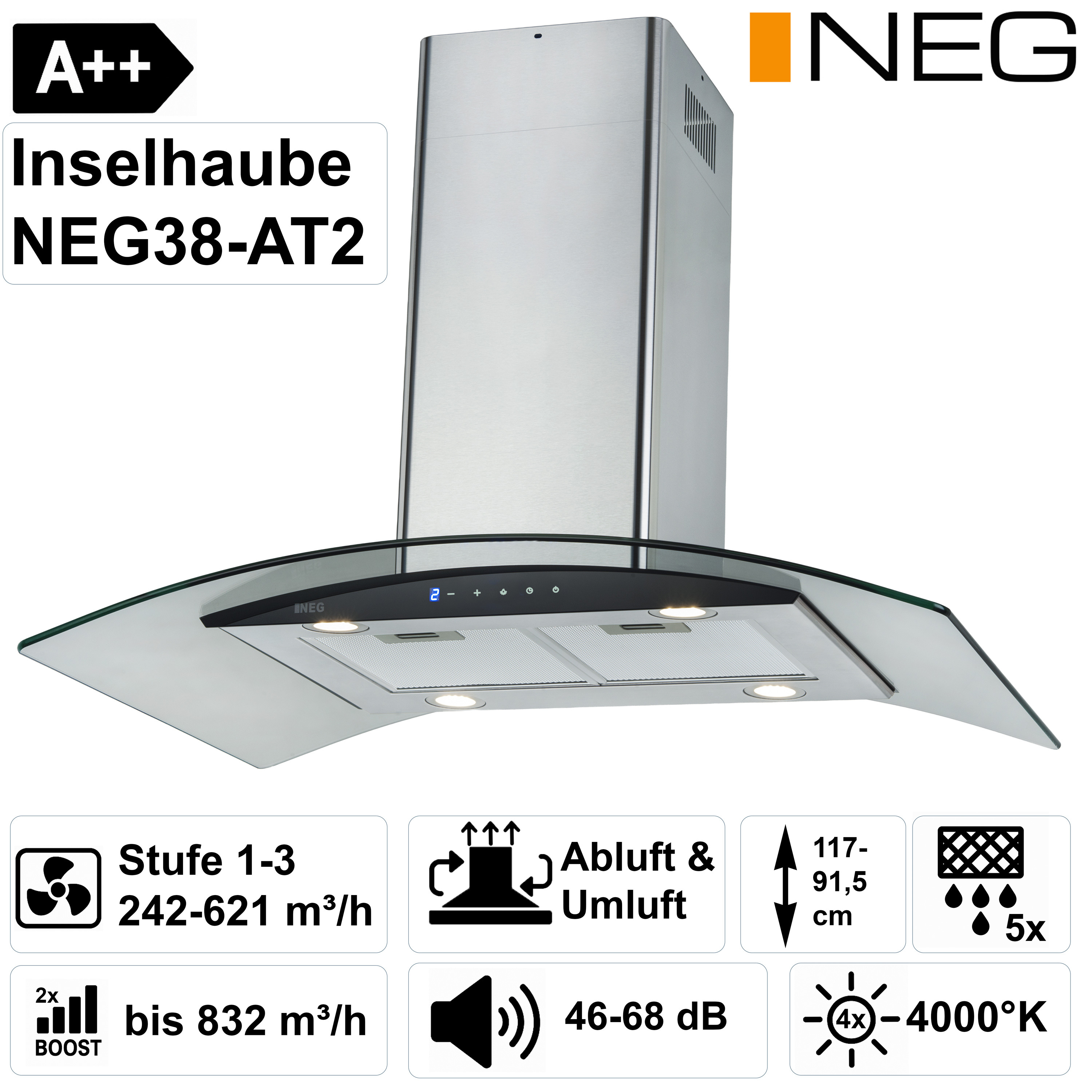 Edelstahl Inselhaube NEG38-AT2 mit Glasrand und Touch-Bedienfeld.