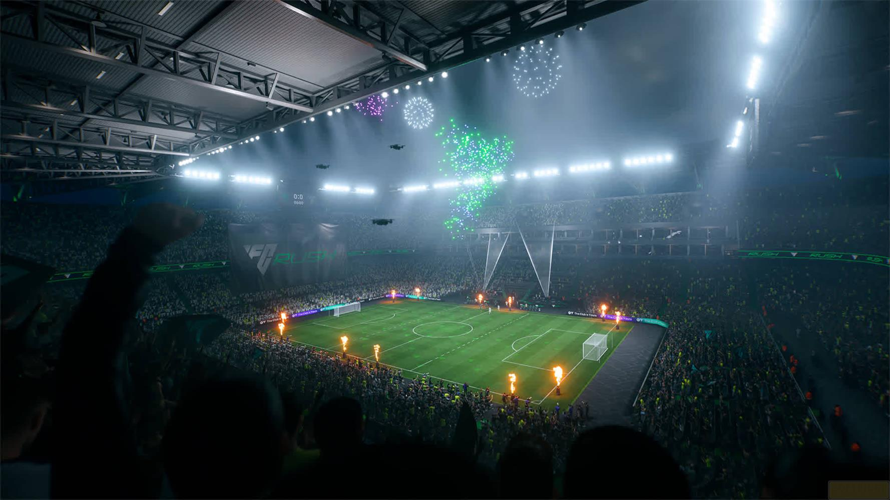 Stadio di calcio notturno con fuochi d'artificio e droni sul campo.