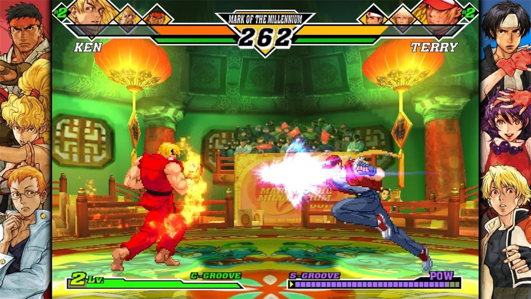 Scène de jeu de combat : Ken en rouge contre Terry en bleu avec effets lumineux.
