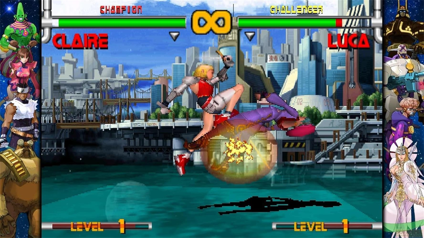 Claire combat Luca dans une ville futuriste, Niveau 1.