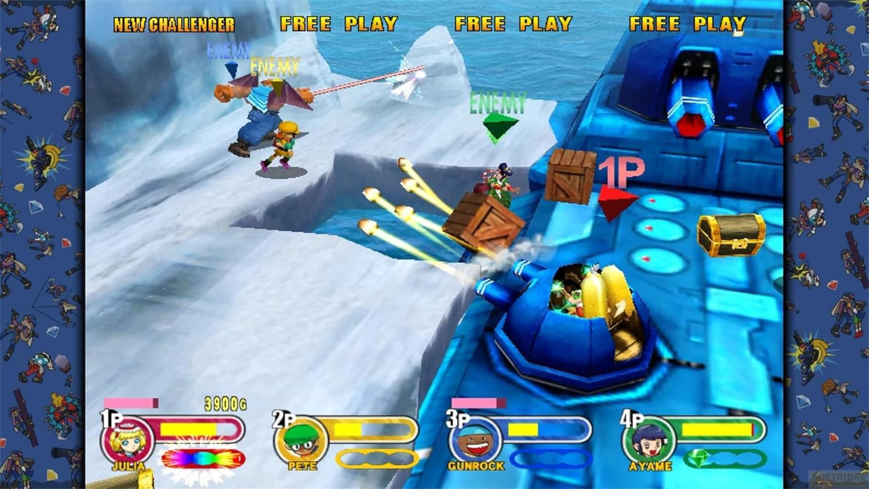 Jeu de combat 3D avec quatre joueurs sur glace. Des caisses volent.