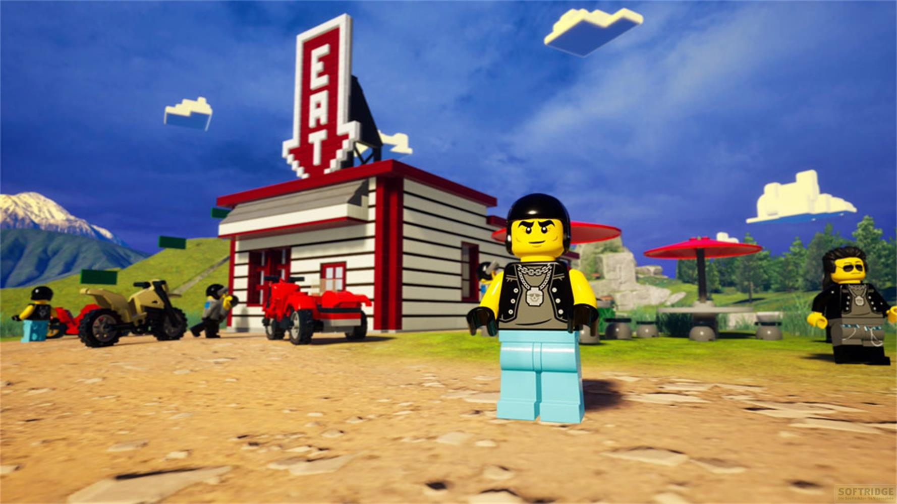 Figurines Lego devant un diner avec des montagnes en arrière-plan.