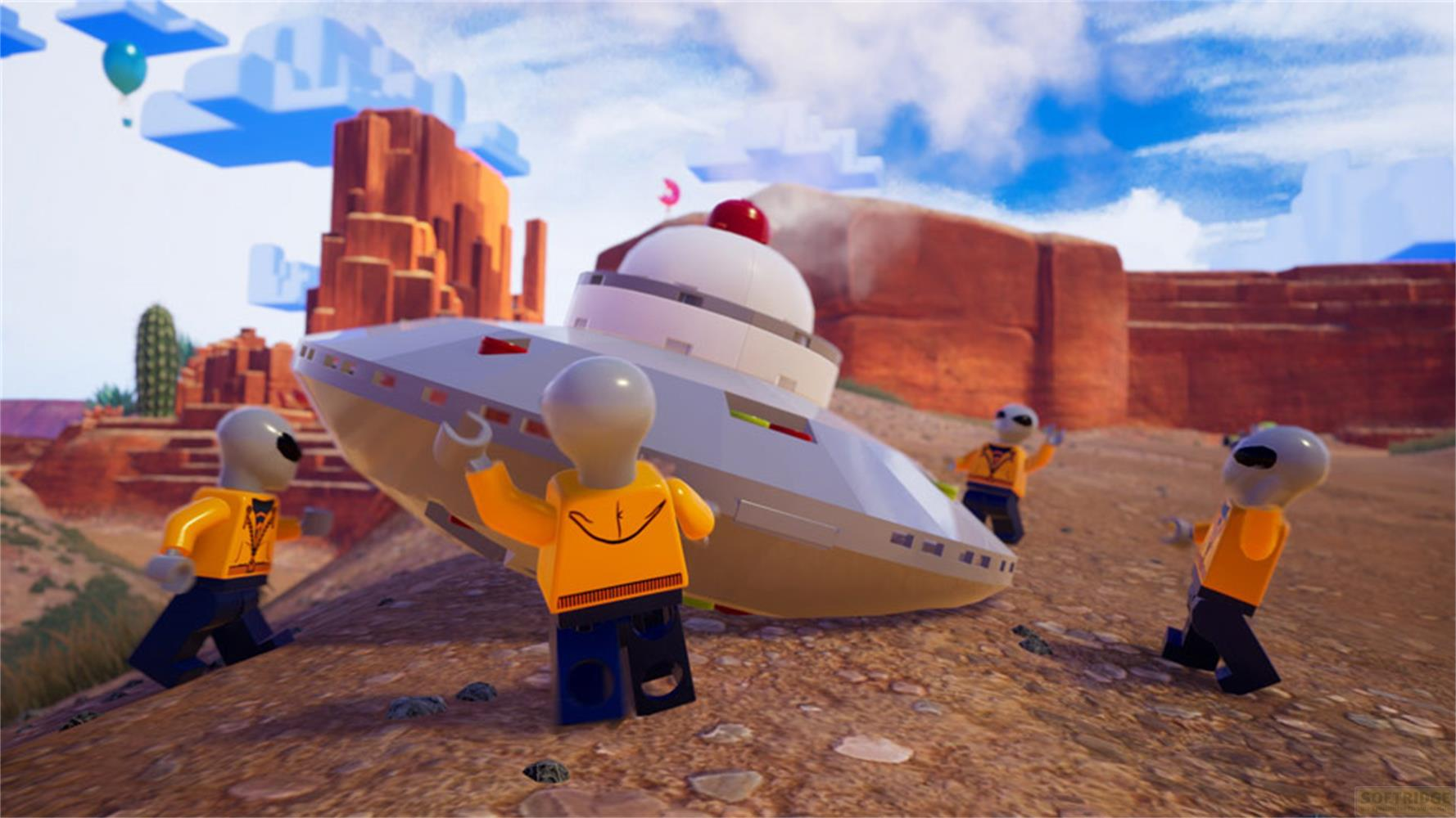 Des extraterrestres en chemises oranges avec un OVNI dans un paysage désertique.