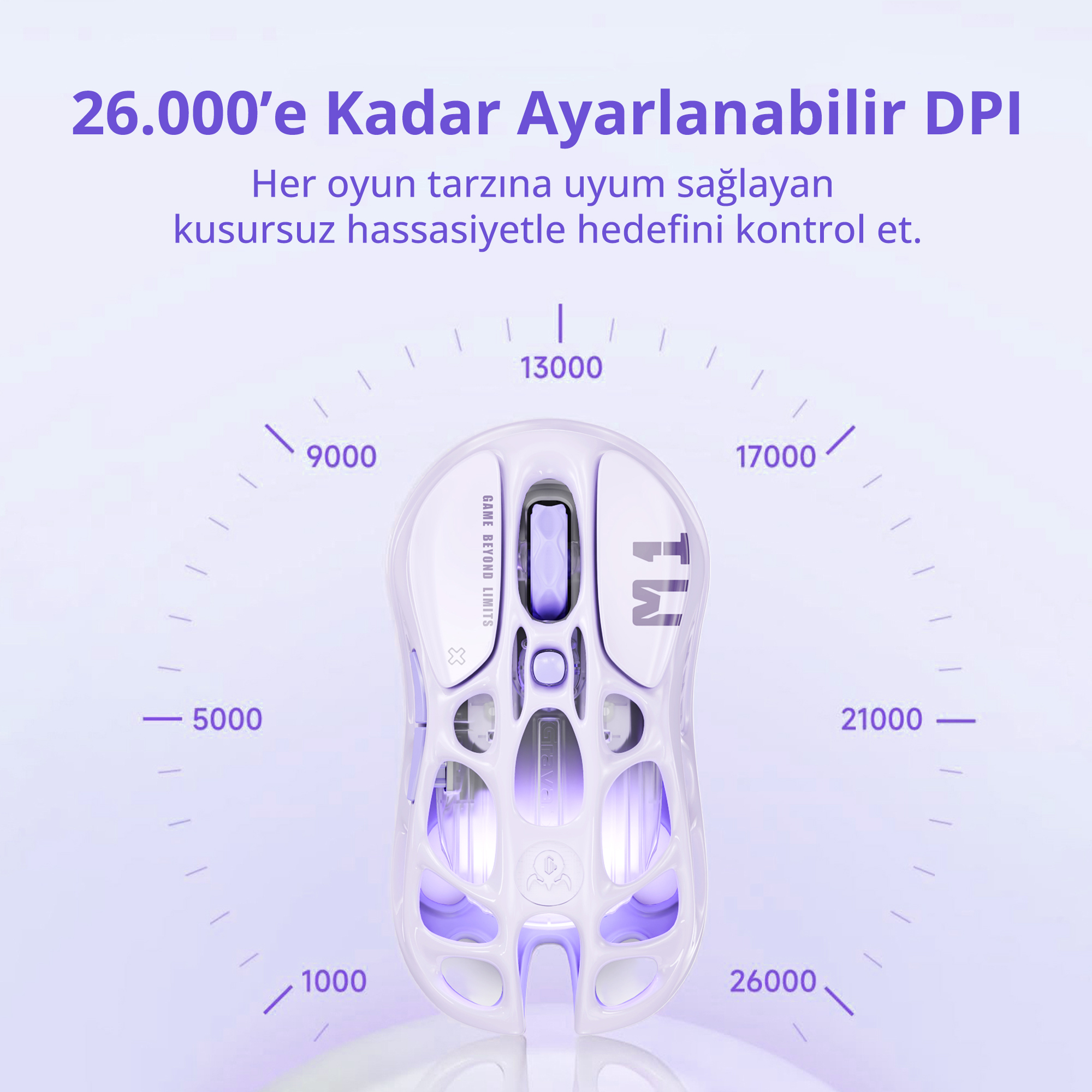 Mor aksanlı beyaz oyuncu faresi, 1000-26000 DPI gösteriyor.