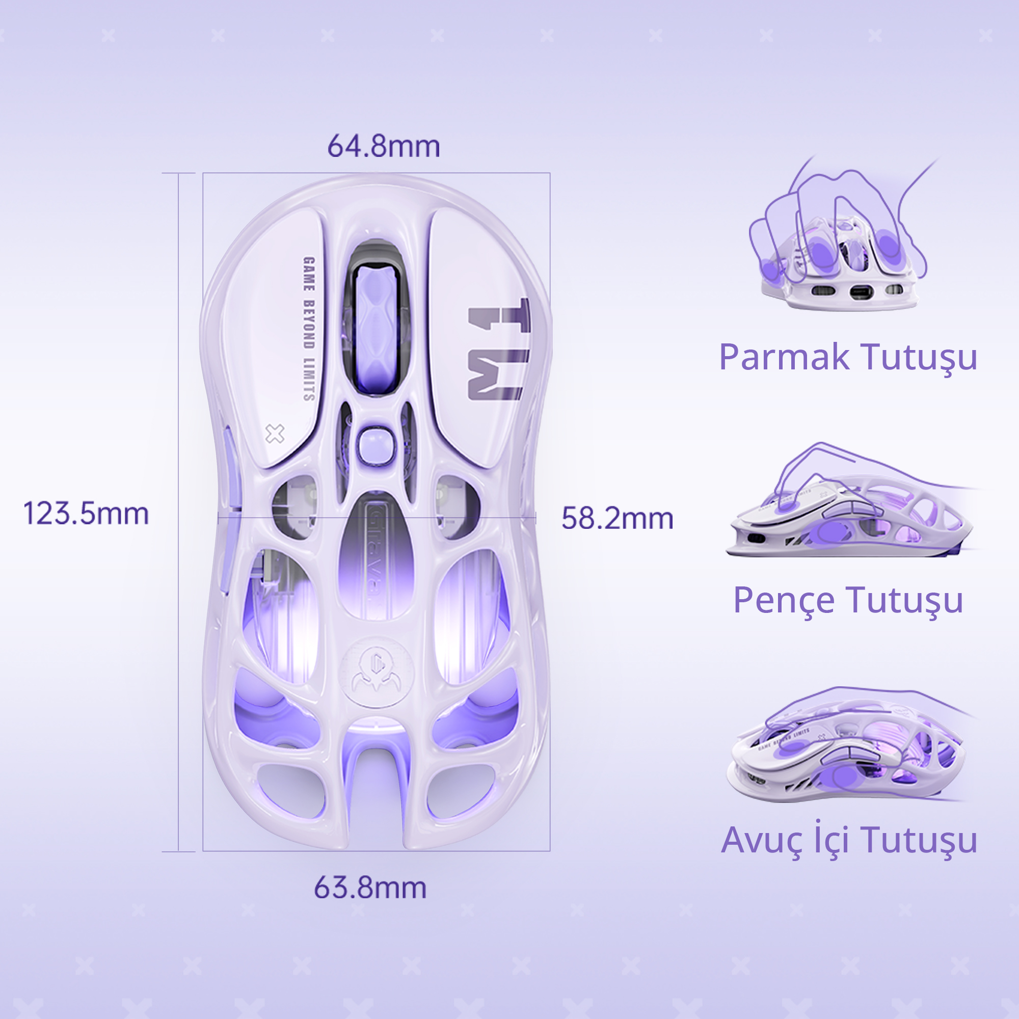 GRAVASTAR Mercury M1 Pro RGB 26.000 DPI Optik Kablosuz Bluetooth, Wireless, Kablo Gaming Mouse Lavender Purple