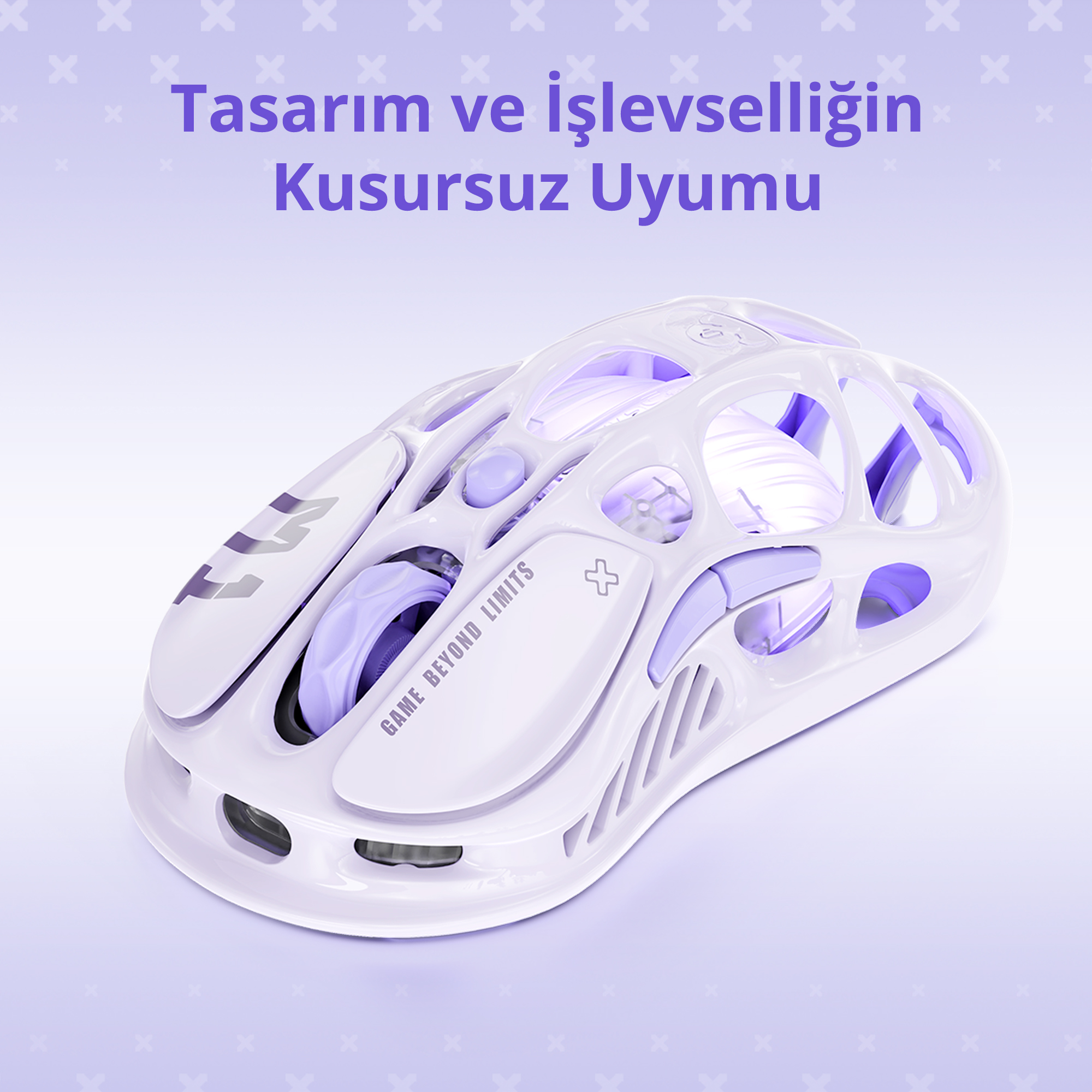 İskelet tasarımlı, parlak vurgulara sahip beyaz ve mor oyun faresi.