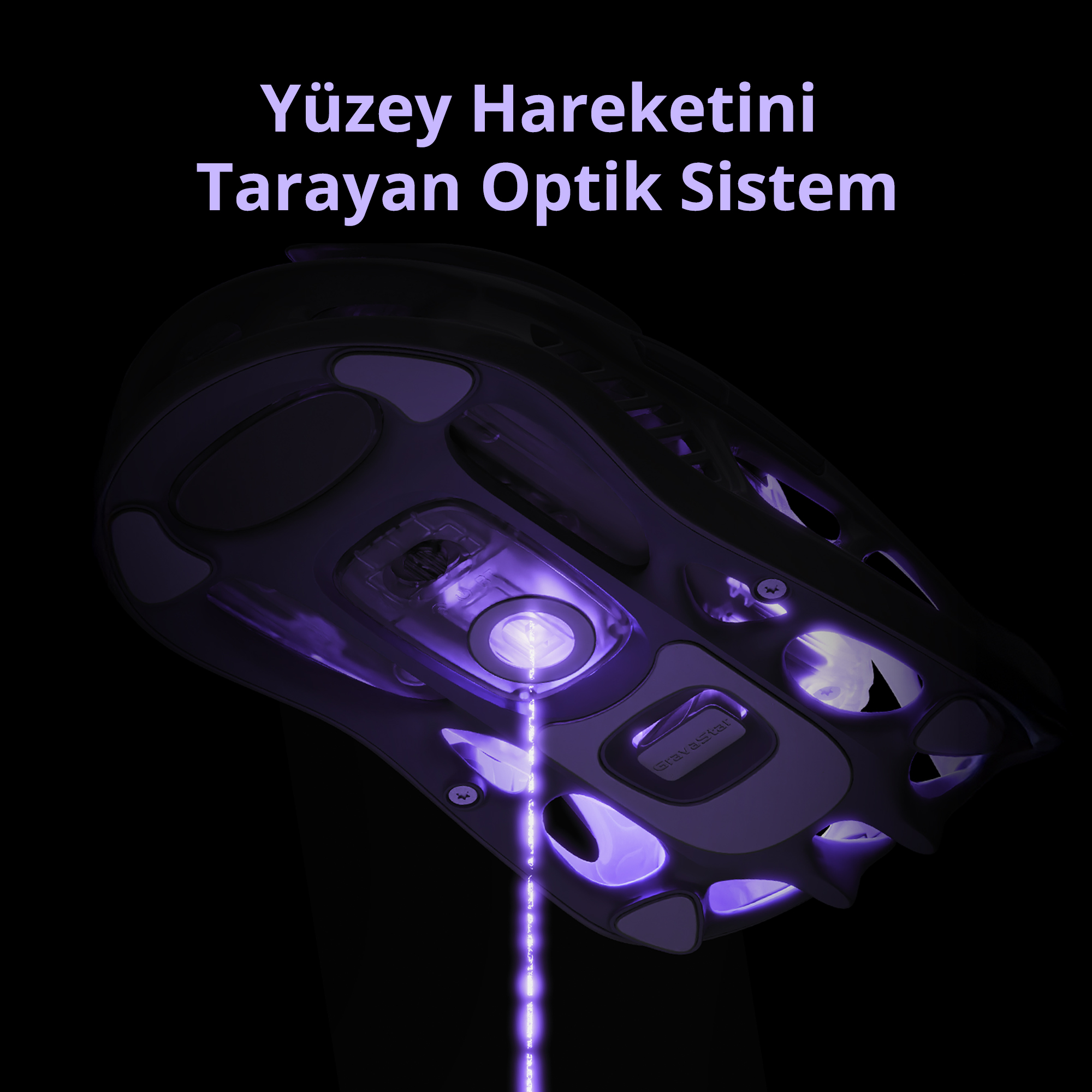 Mor ışıklar ve metin içeren koyu renkli oyun faresi prototipi.
