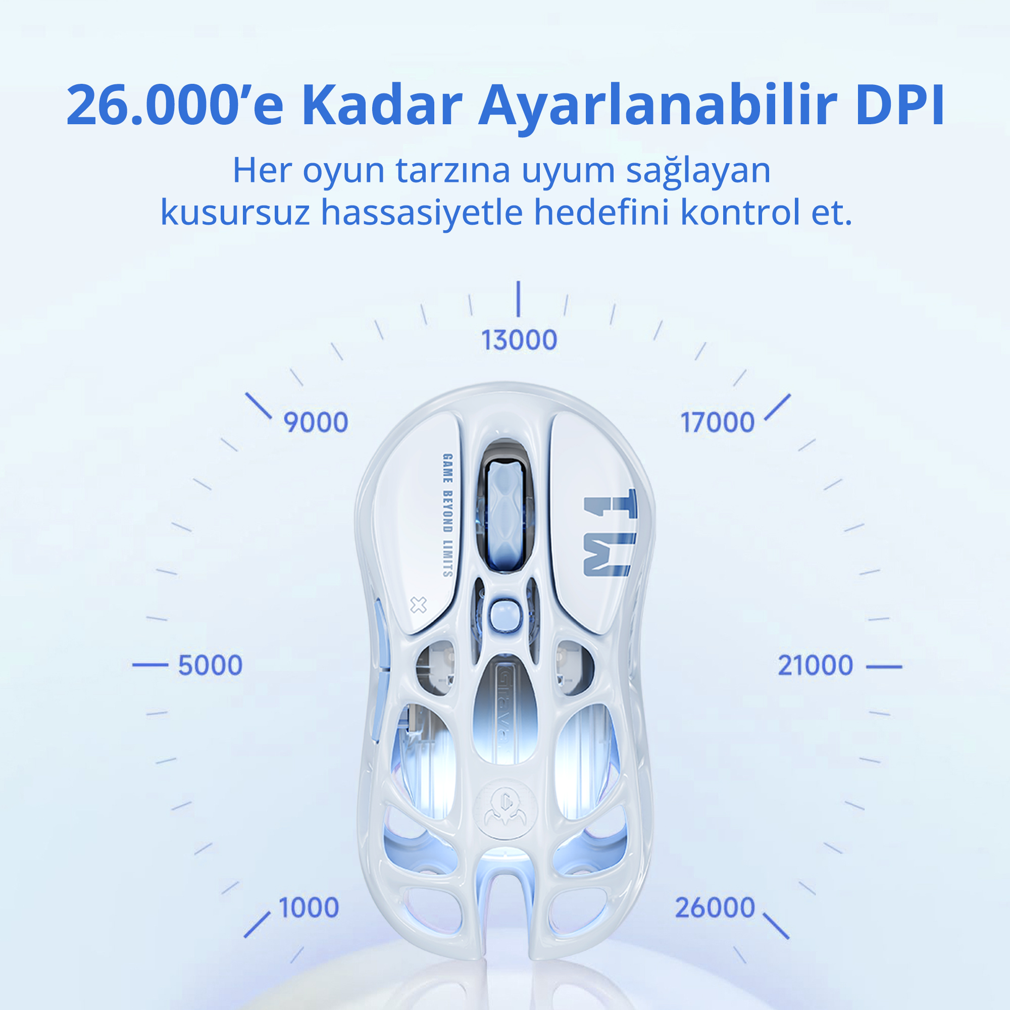 Ayarlanabilir 26.000 DPI'ye kadar beyaz oyuncu faresi, mavi zemin.