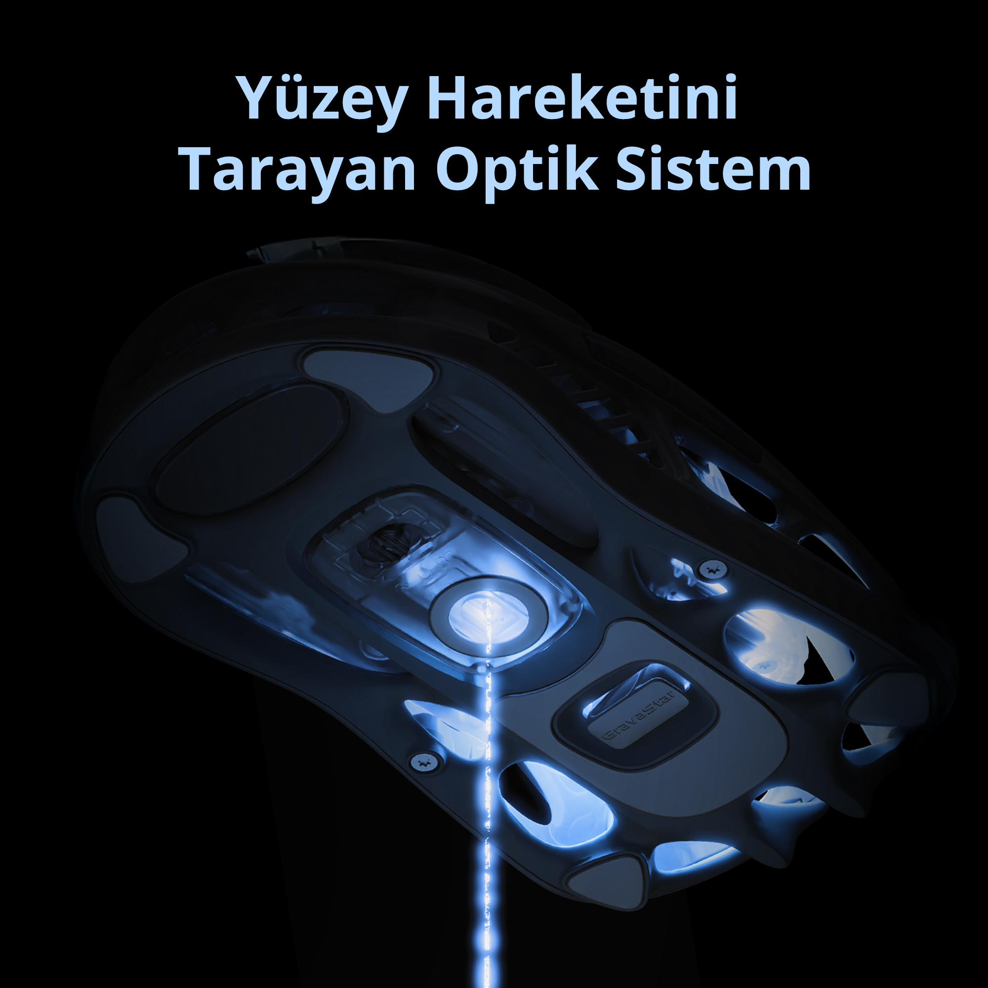 Mavi aydınlatmalı optik sensörlü siyah oyuncu faresi ışık hüzmesi yayıyor.