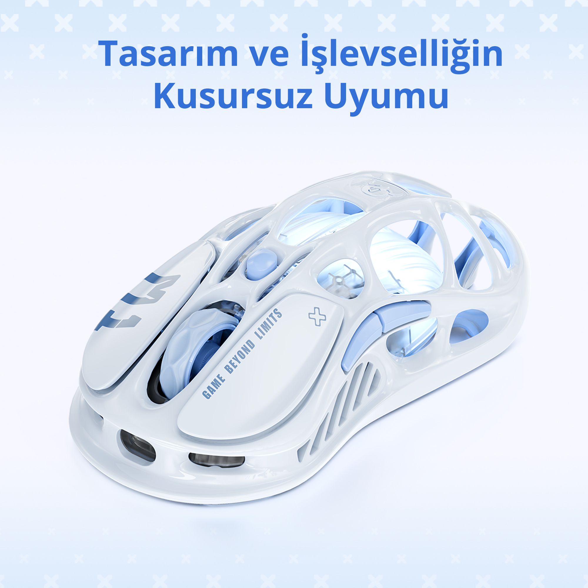 Mavi vurgulara ve iskelet tasarıma sahip beyaz, fütüristik bir oyuncu faresi prototipi.