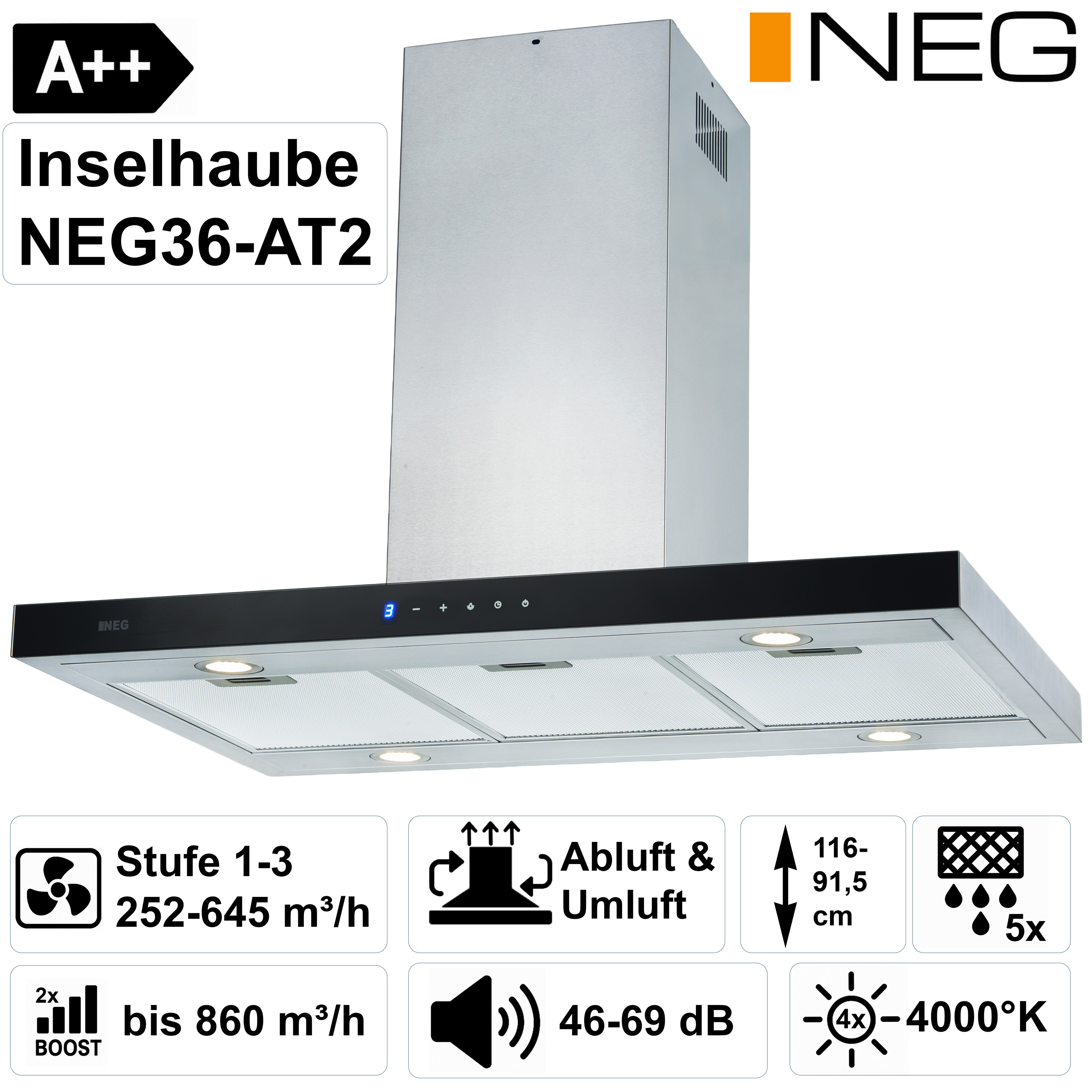 Edelstahl Inselhaube NEG36-AT2 mit A++ Energieeffizienz, 3 Stufen, Abluft/Umluft.