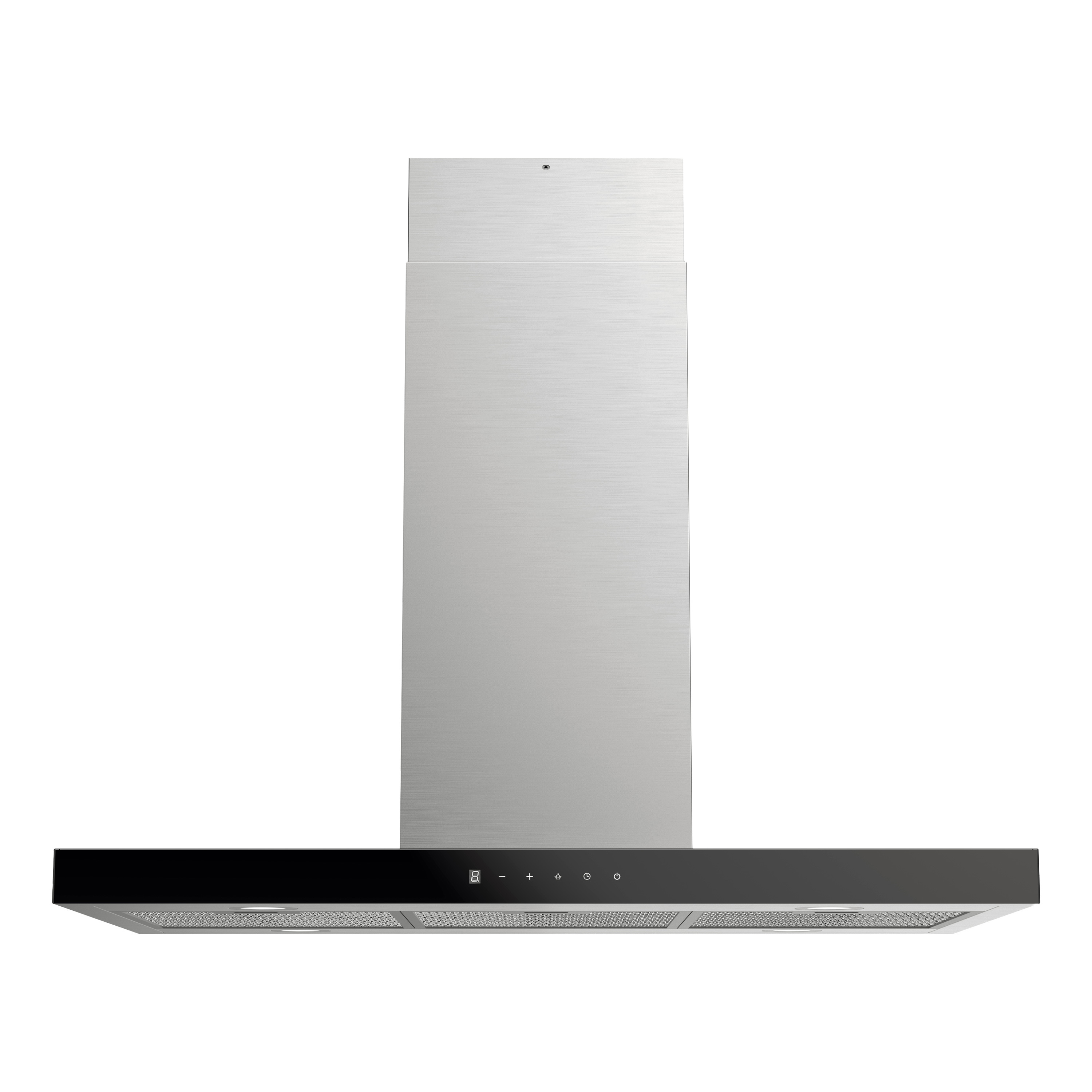 Eine moderne Dunstabzugshaube aus gebürstetem Metall und schwarzem Glas mit Touch-Bedienfeld.