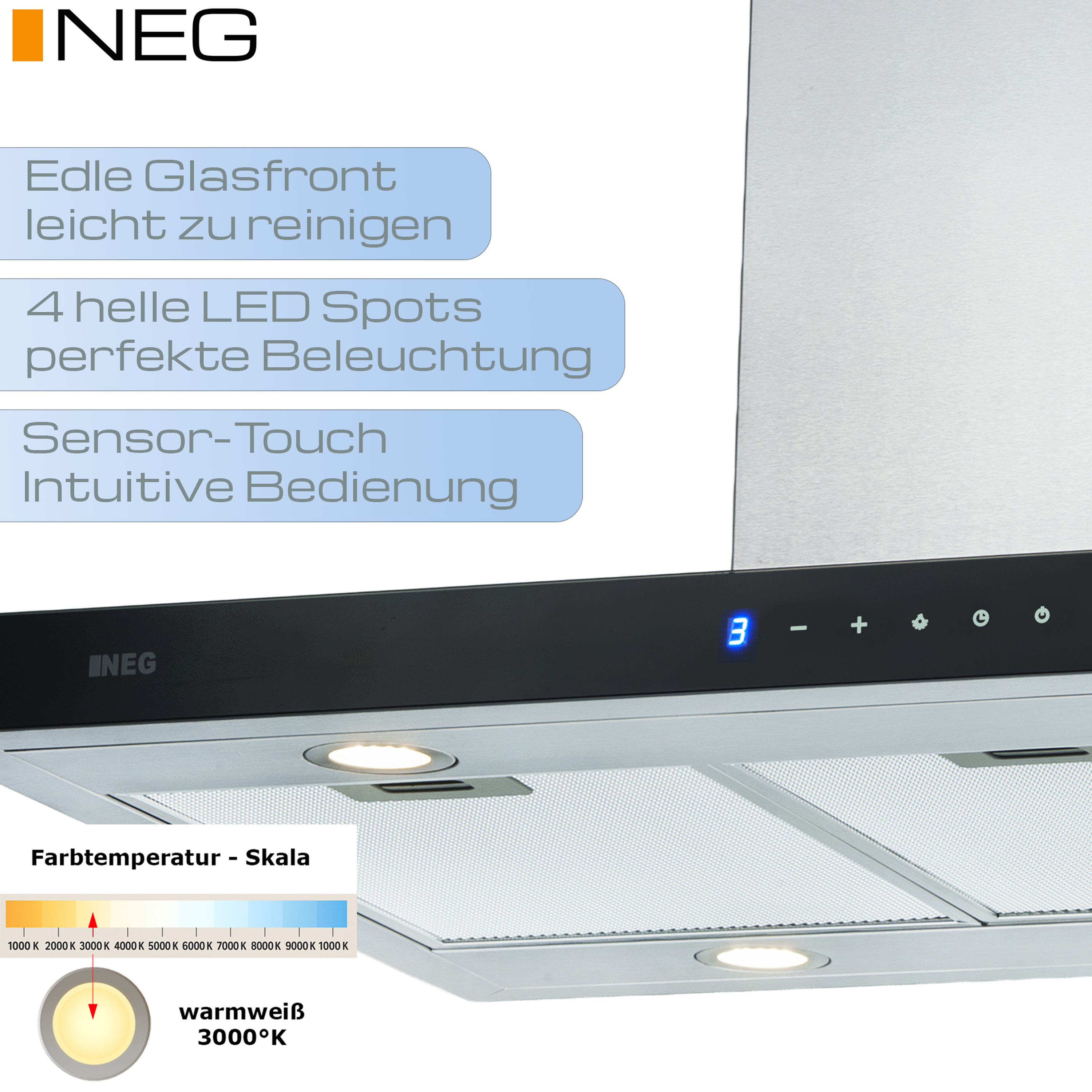Edle Glasfront, 4 LED Spots, Sensor-Touch Bedienung, Farbtemperatur-Skala.