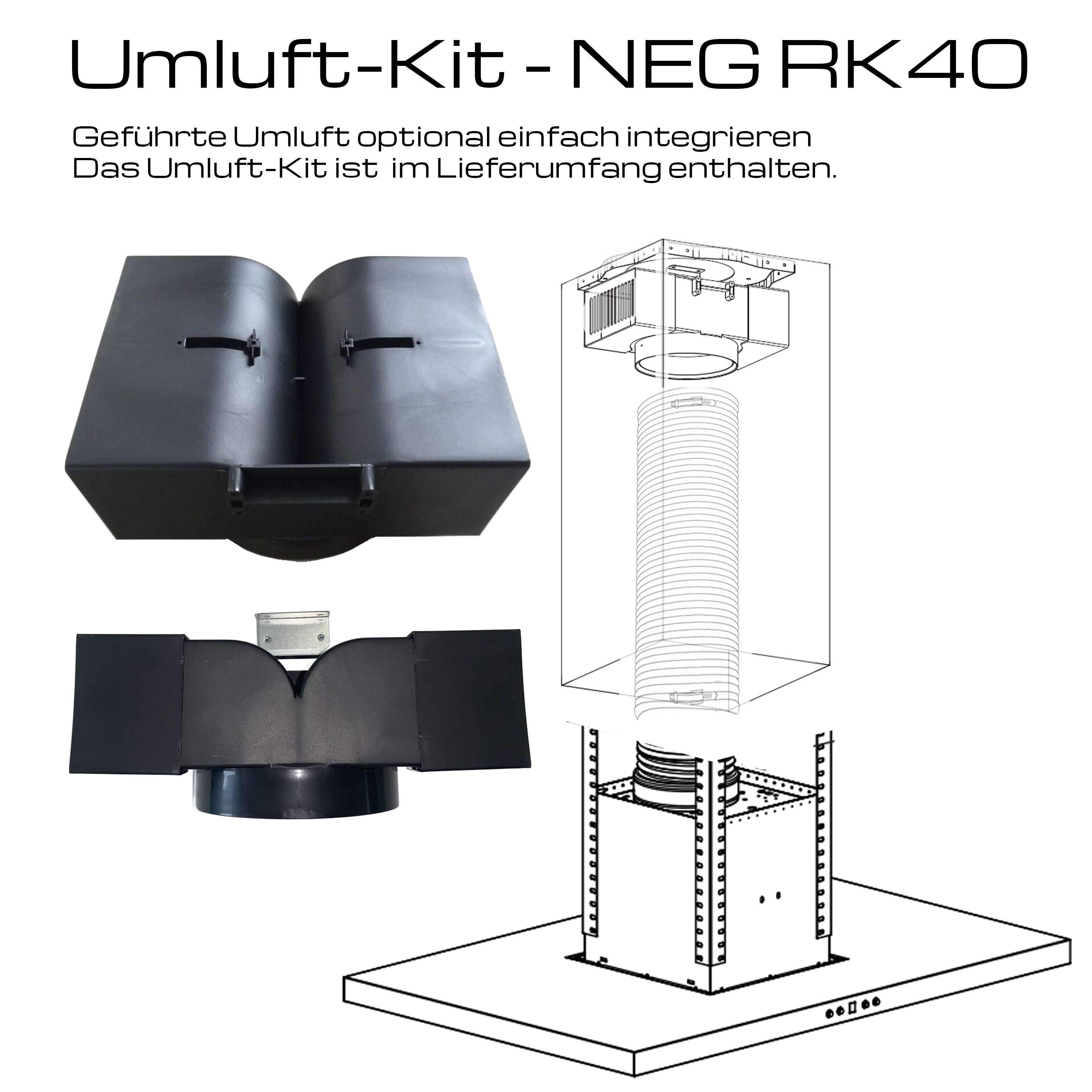 Umluft-Kit für NEG RK40: zwei schwarze Teile und eine technische Zeichnung.