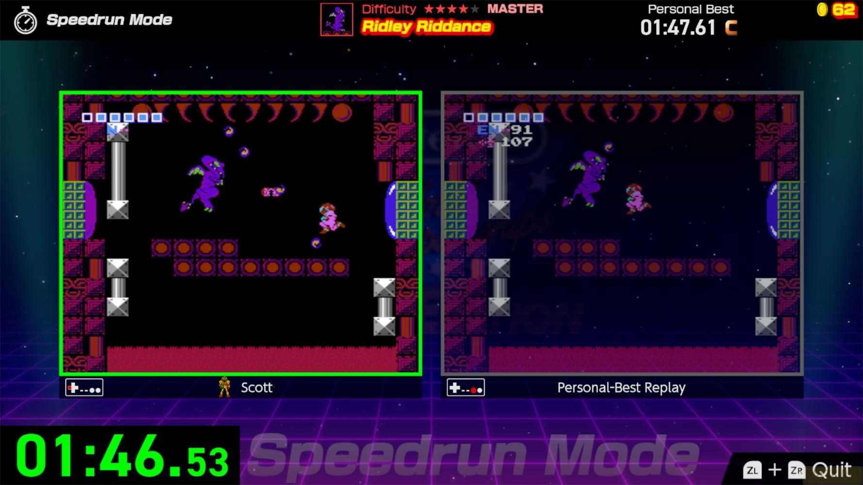 Dwa ekrany Metroid obok siebie: po lewej aktualna gra, po prawej powtórka.