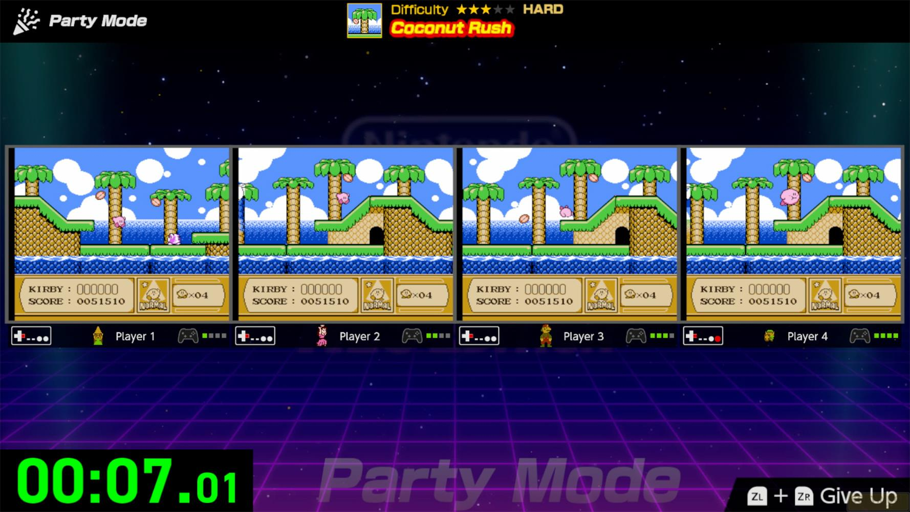 Cztery ekrany gry Kirby z palmami, niebieskim morzem i niebem. Timer pokazuje 00:07.01.