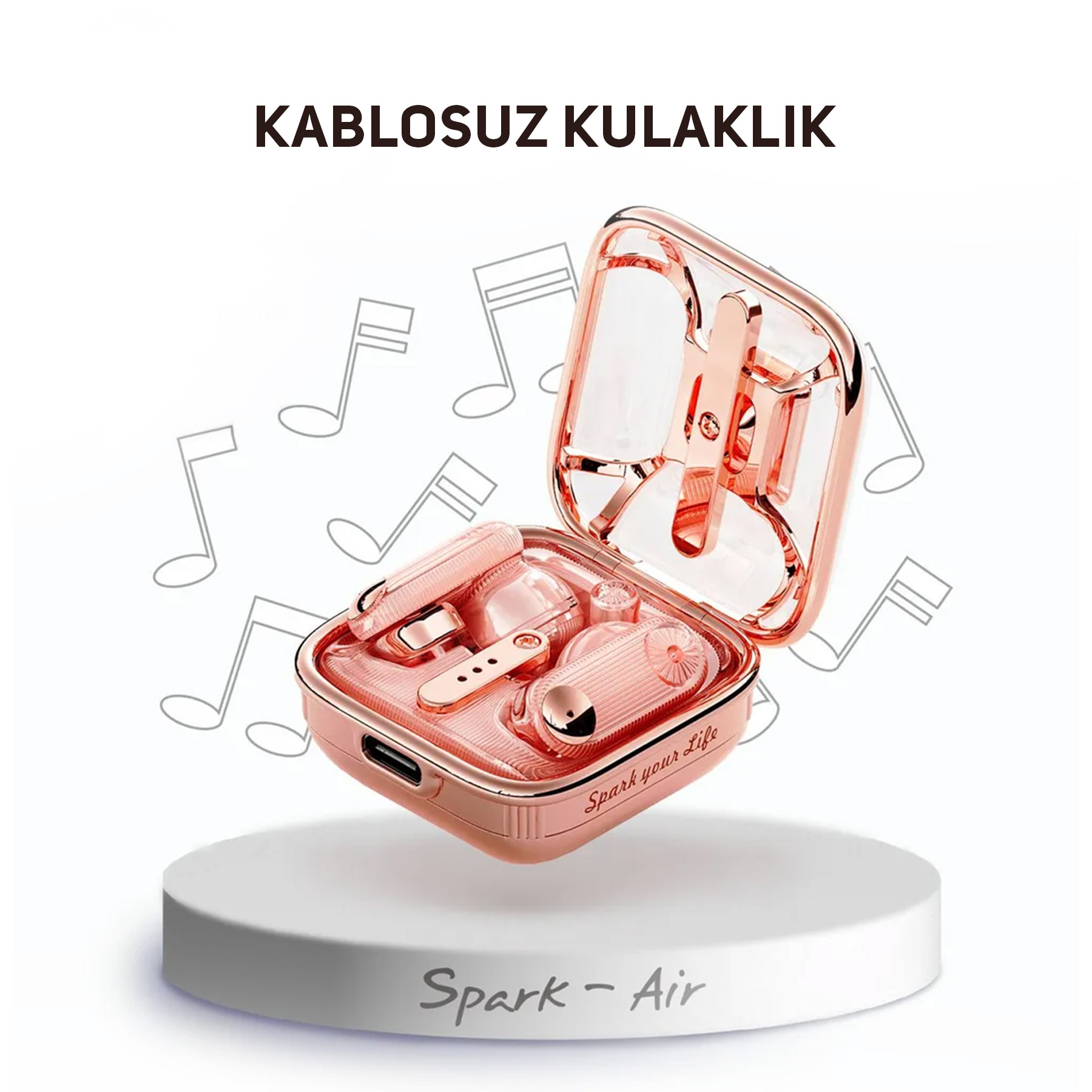 Roze altın kablosuz kulaklıklar şarj kutusunda, beyaz platformda, müzik notalarıyla.