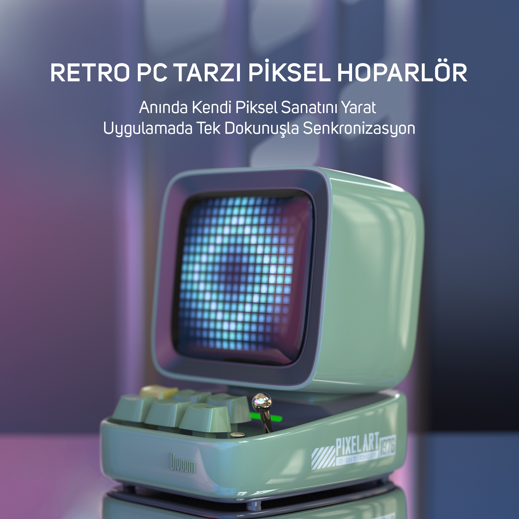 Piksel ekranlı ve klavyeli, pastel yeşili retro PC tarzı hoparlör.