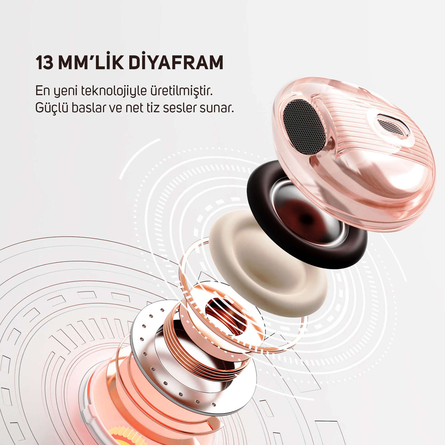 13 mm diyaframlı, roze altın rengi kulaklığın patlatılmış görünümü.