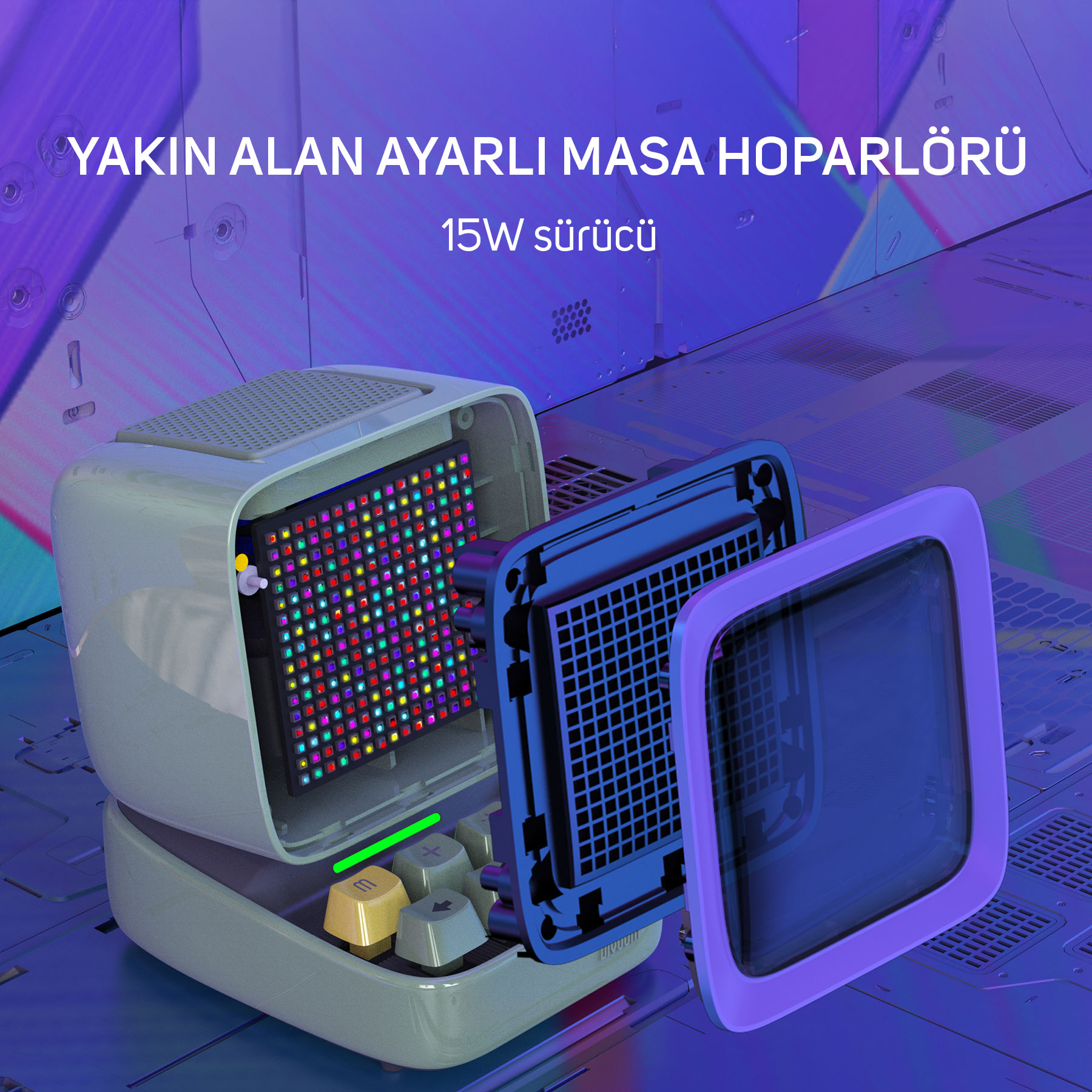 Renkli LED ekrana ve klavye tuşlarına sahip retro-fütüristik hoparlör.