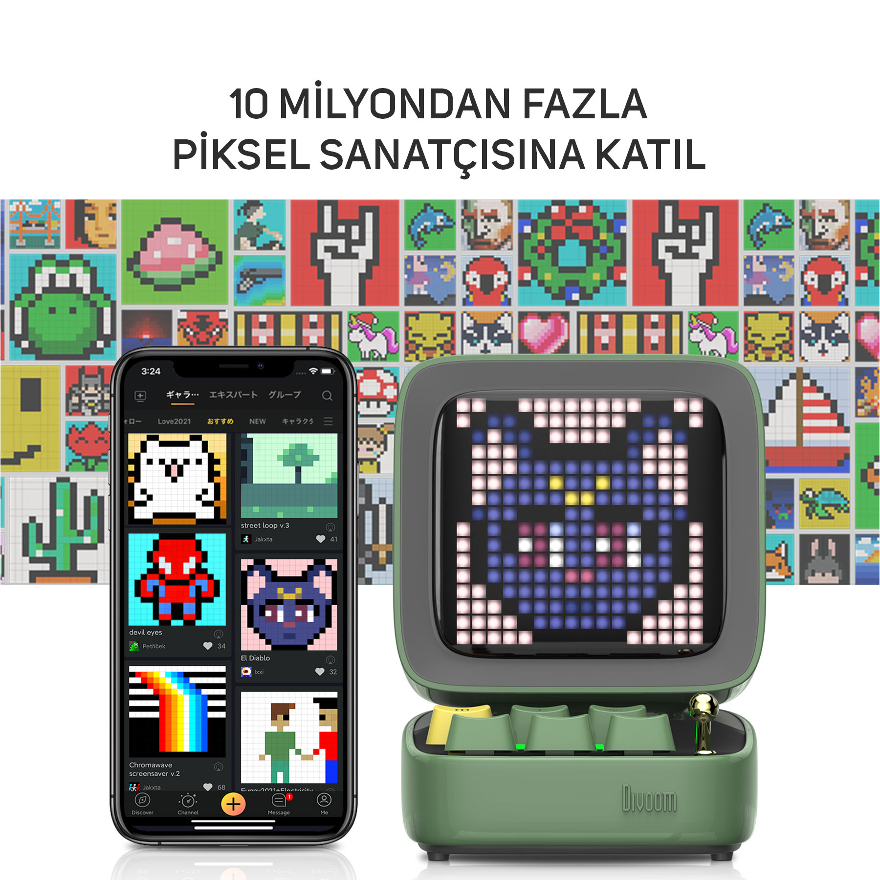 Bir akıllı telefon, piksel kedi gösteren yeşil bir cihazın yanında piksel sanat tasarımları gösterir.