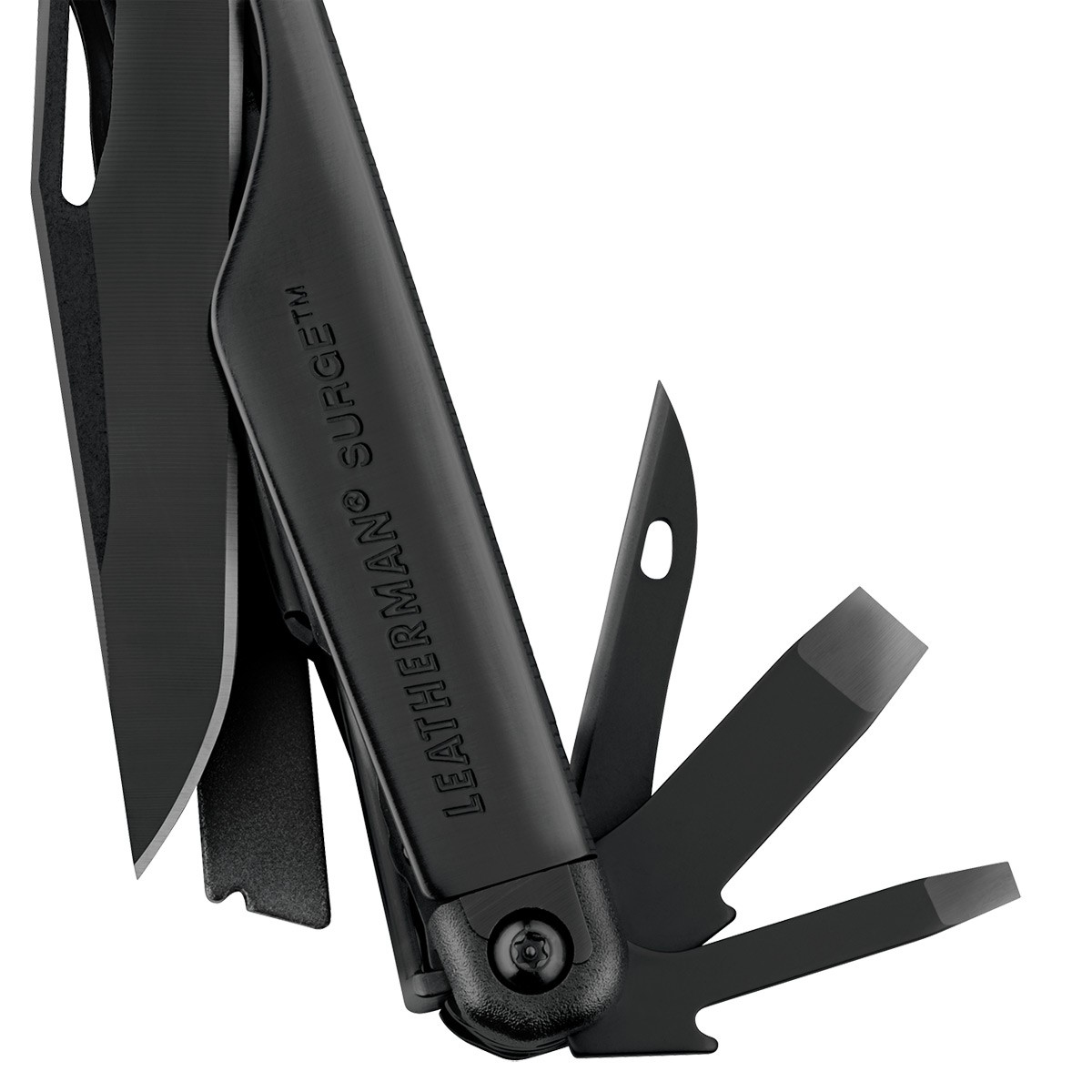 Multiherramienta negra con hojas y herramientas extendidas, vista cercana.