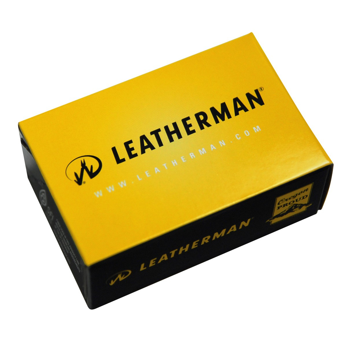 Caja de marca Leatherman, amarilla con texto y logo negros.