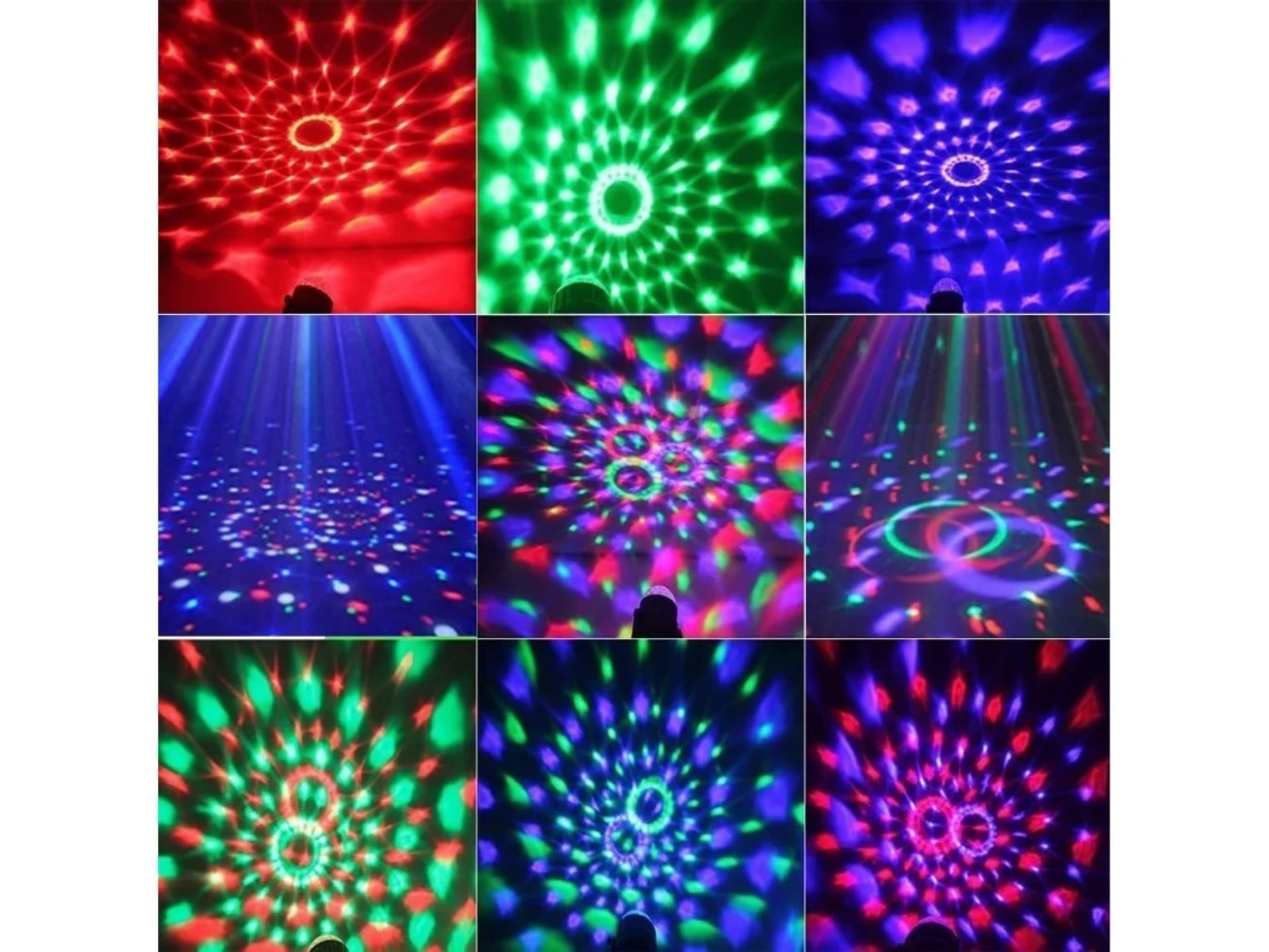 Neun Bilder von Discokugellichtern in Rot, Grün, Blau und bunten Mustern.
